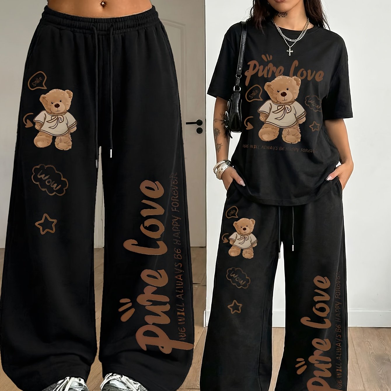 TEMU Ensemble 2 pièces pour femme : T-shirt décontracté Y à imprimé cœur et lettre « » amusant printemps/été avec pantalon ample à jambes droites et