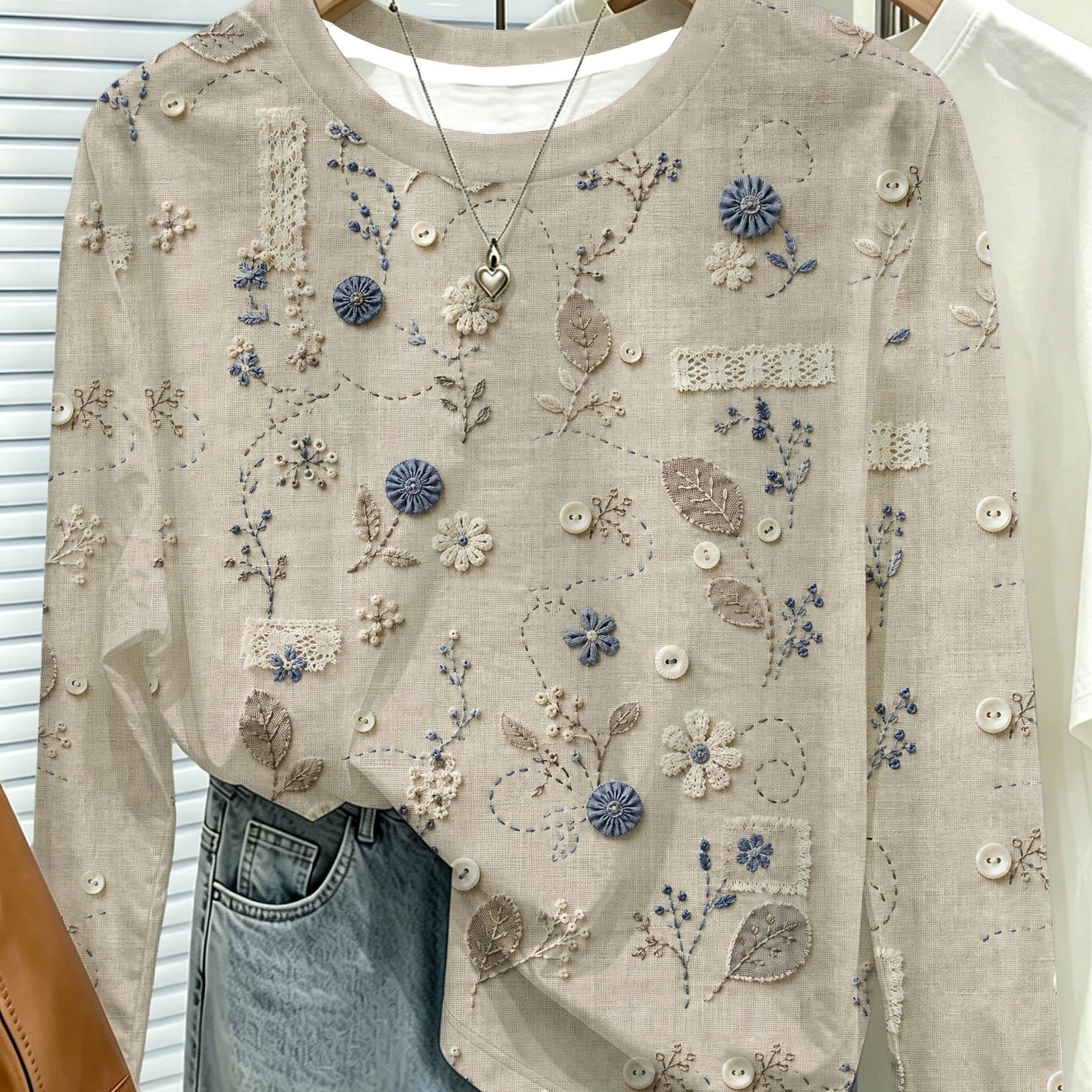TEMU Printed Design - Textured-free Women's Round Neck Long Sleeve T-shirt, Vintage-style Faux Embroidered Floral Lace Button Collage Print Top,