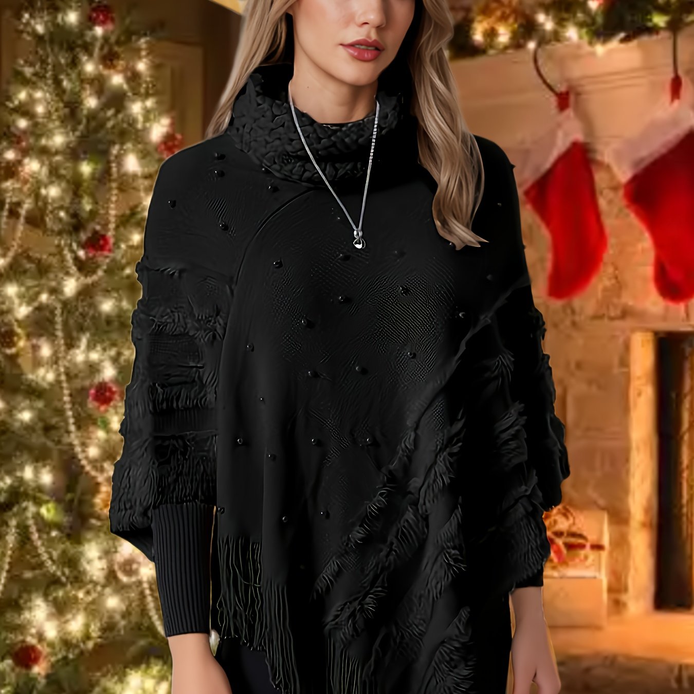 TEMU Plus Size Autumn Winter High Neck Hand-sewn Pearl Studded Bohemian Style Tassel Women's Sweater Pullover