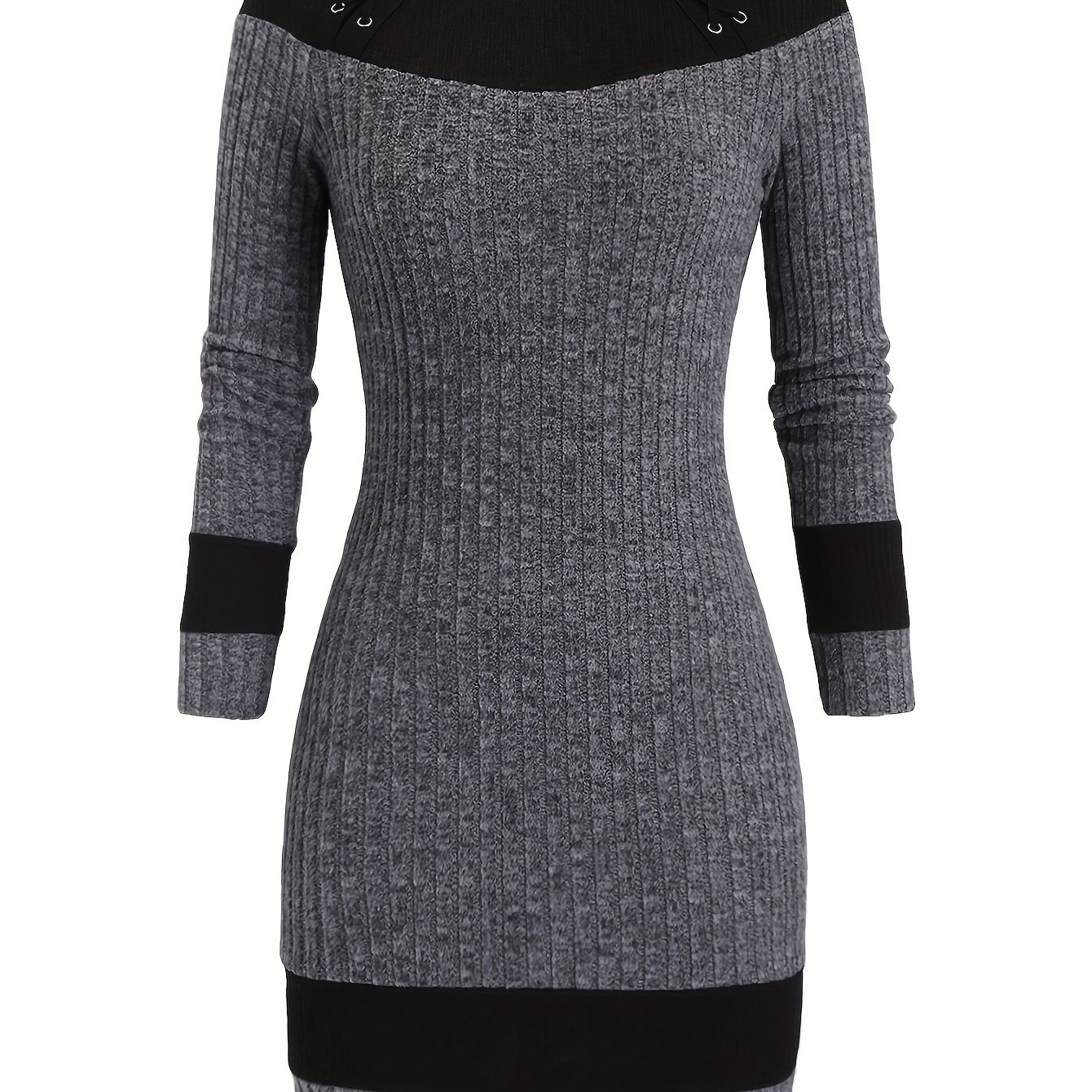 Plus Size, Plus Size Women's Casual Color Block Fitted Long Sleeve Dress