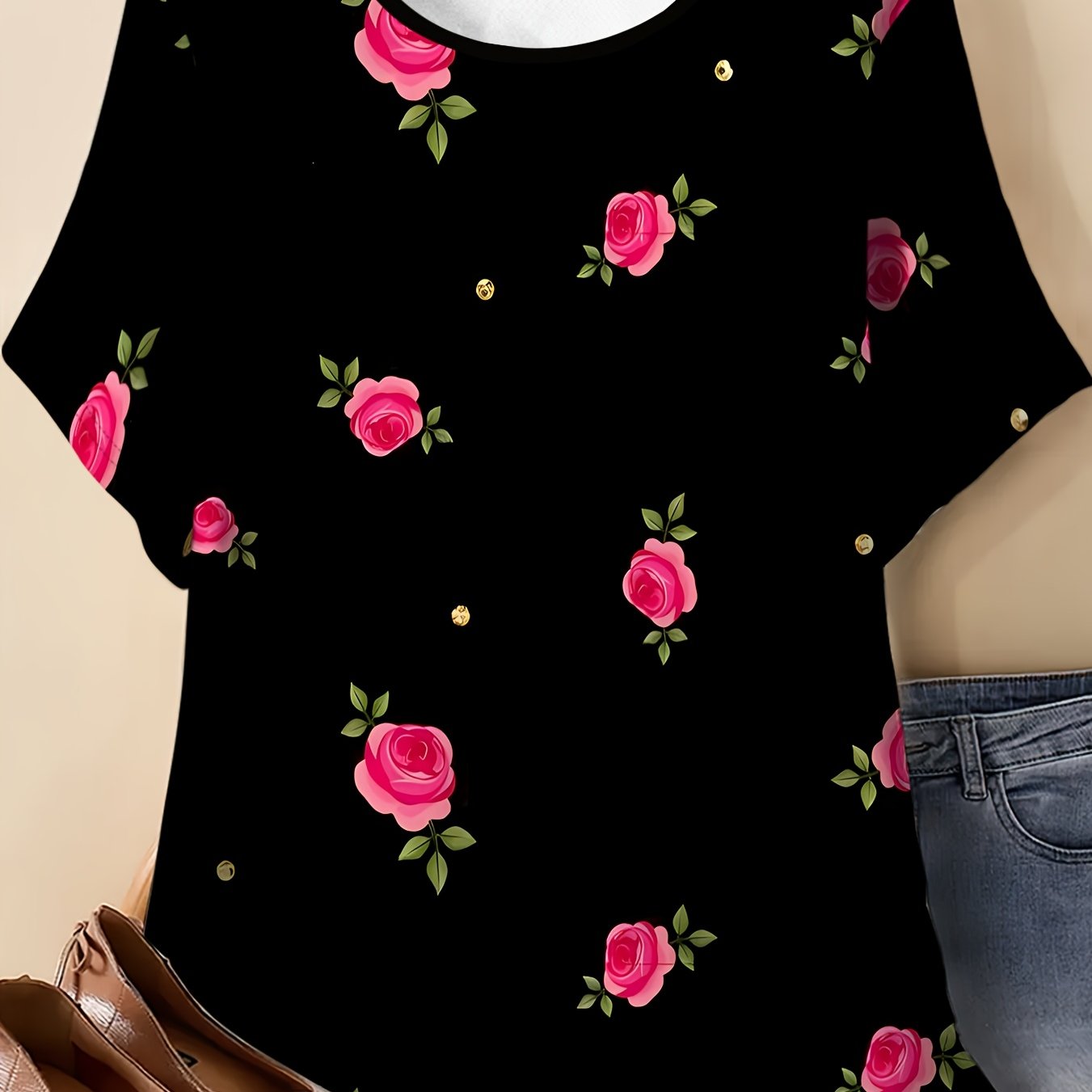 TEMU Plus-size Women's Oversized Round Neck T-shirt - Black With Rose-pink Rose Print & Golden Polka Dots Short Sleeve Suitable For Daily Wear,