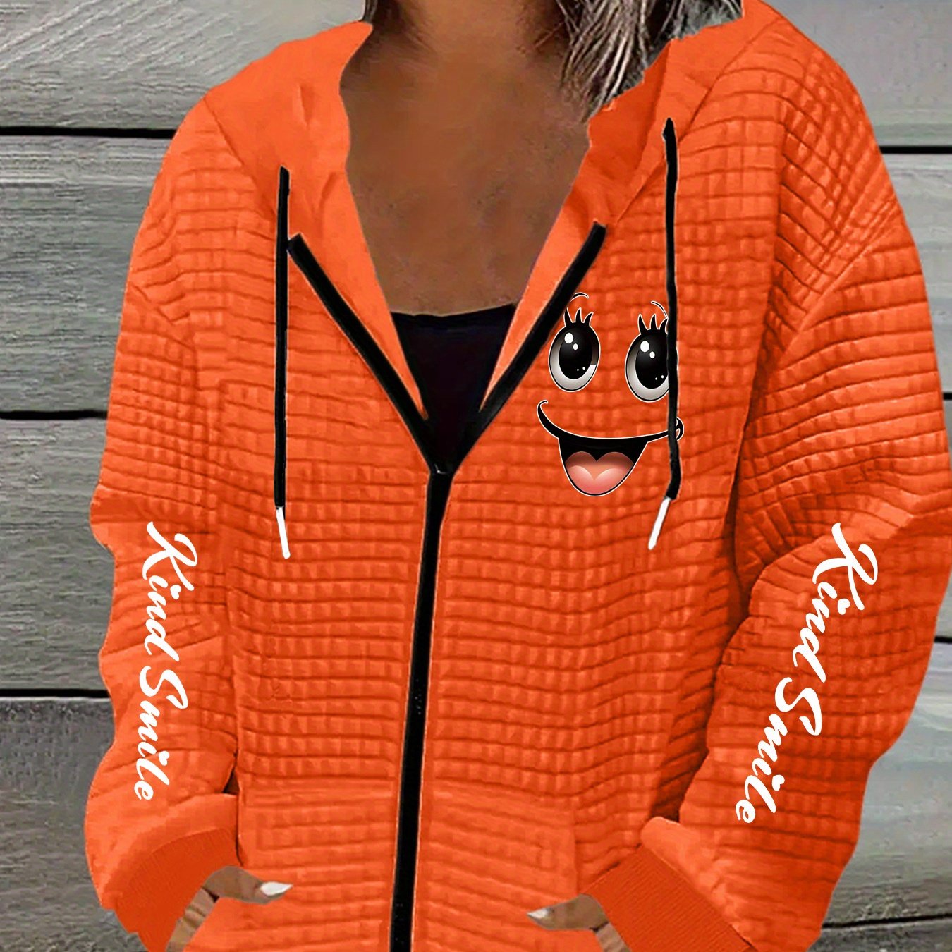 Plus Size - Plus Size - Kind Smile Printed Hoodie With A Stylish Zipper, Made From Skin-friendly Waffle Texture Fabric