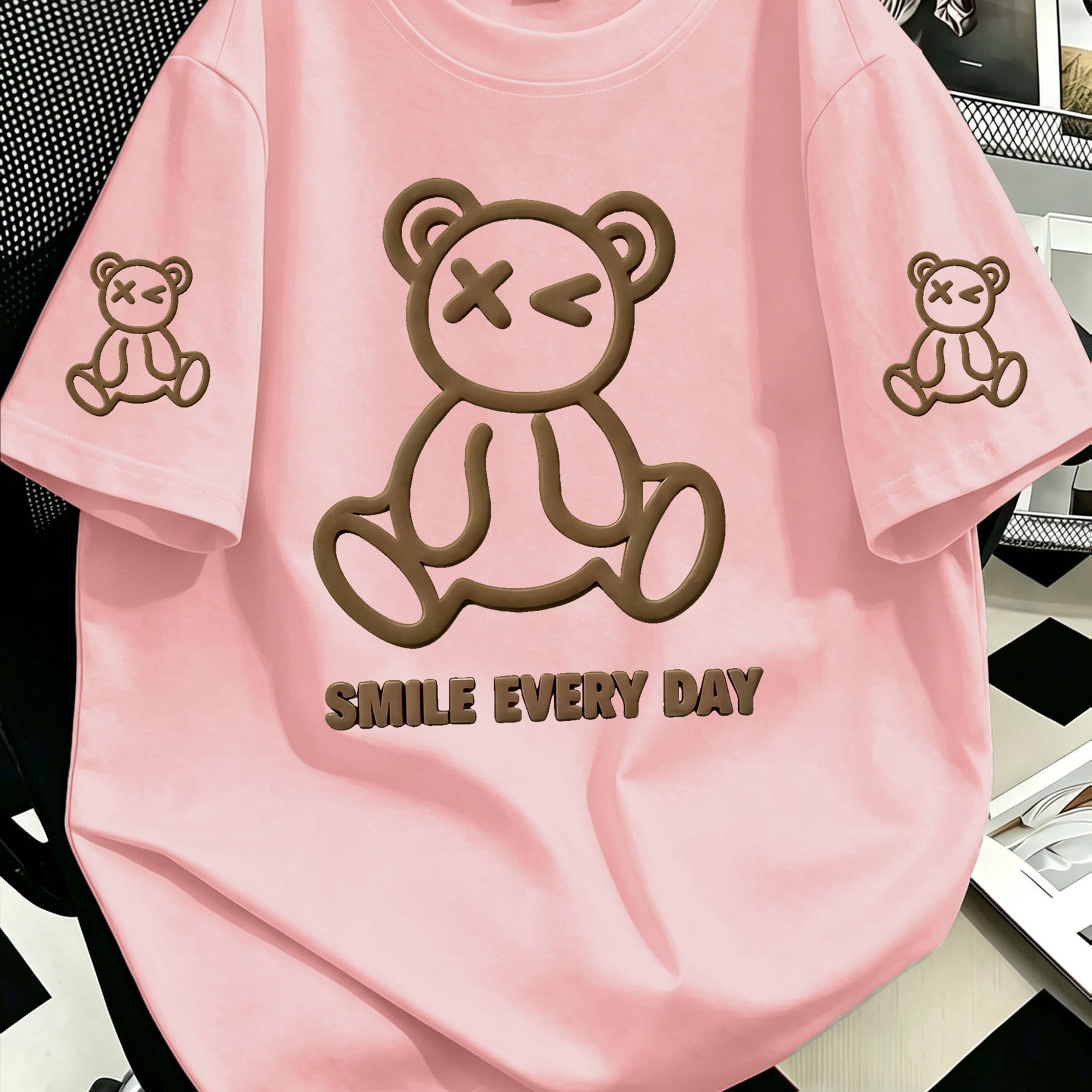 TEMU Plus Size, Plus-size Women's Oversized "" Bear Print T-shirt - Short Sleeve Round Neck Casual Top Suitable For Travel, Vacation & Casual Attire,