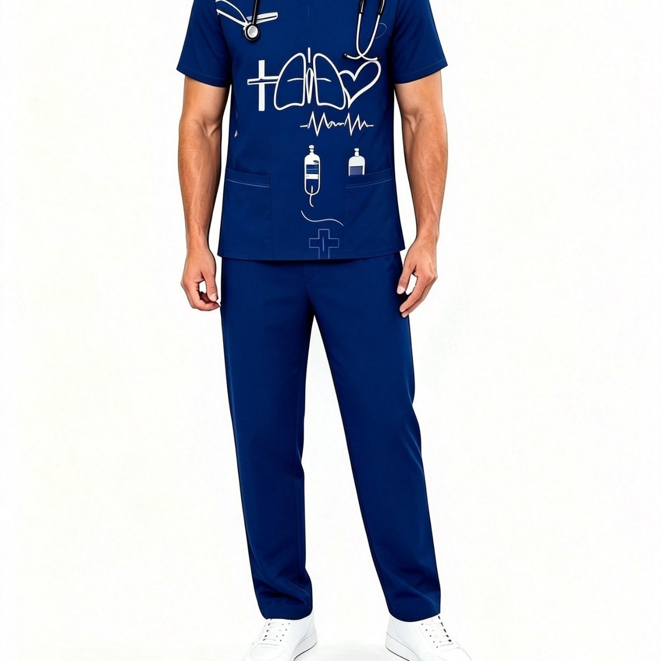 TEMU [print Design - Non-textured] Men's Full Suit Nurse Uniform - Popular Medical Print Pattern, V-neck Short Sleeve With Pockets And Casual