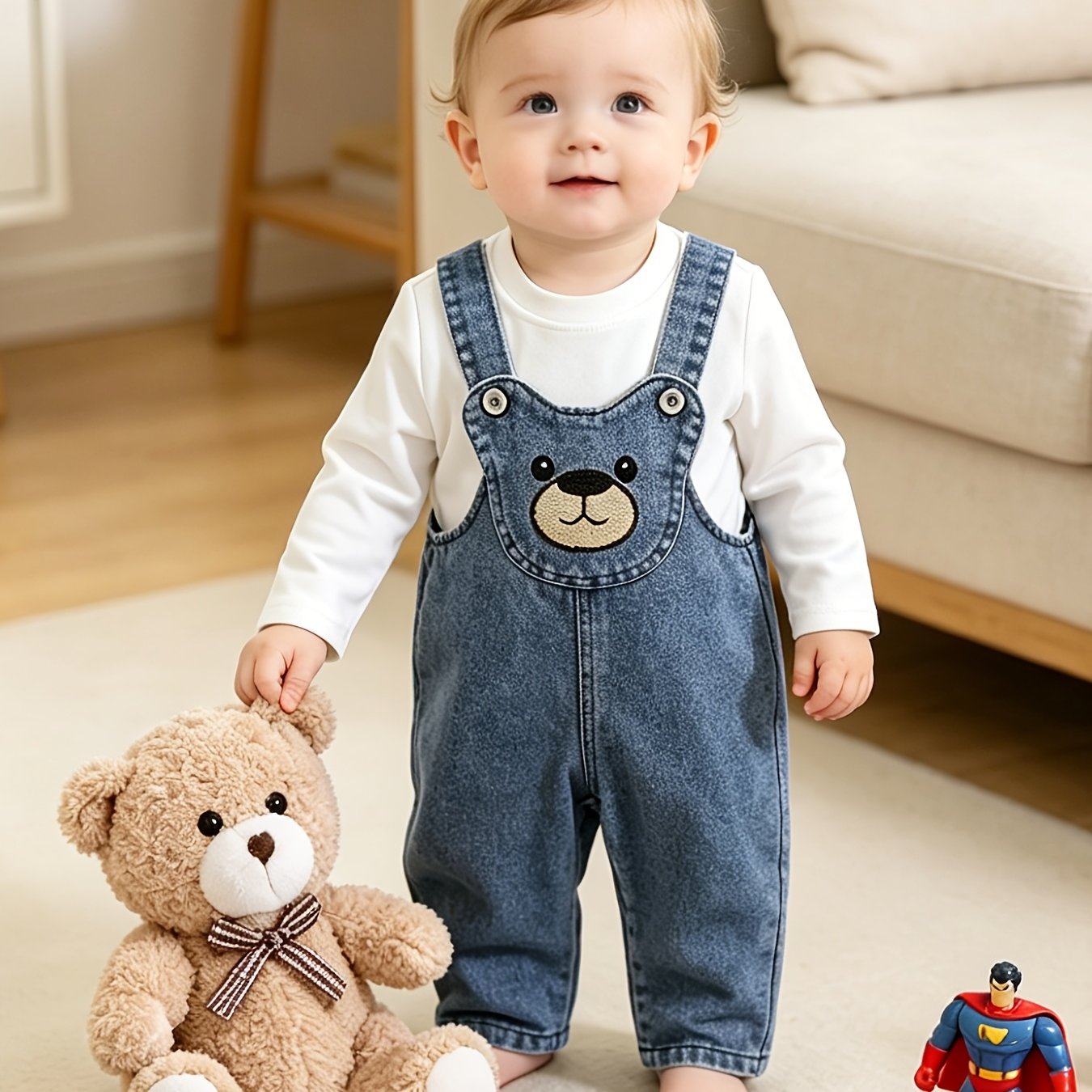 Image of Children's Set - Embroidered Bear Denim Overalls For Boys And Girls With Loose Fit - Plus Regular Crew Neck Long Sleeve T-shirt - Cute Casual 2pcs Set, Perfect For Outdoor