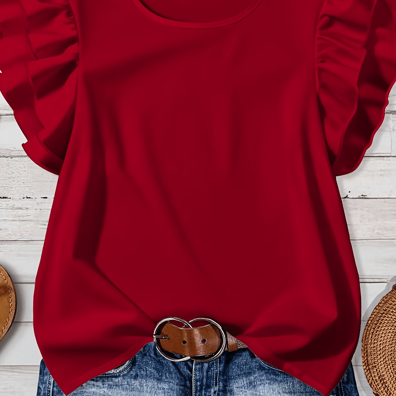 TEMU Plus Size - Solid Color Round Neck Cap Sleeve Ruffle Hem Elegant Shirt Green Black Red Ruffle Sleeve Top