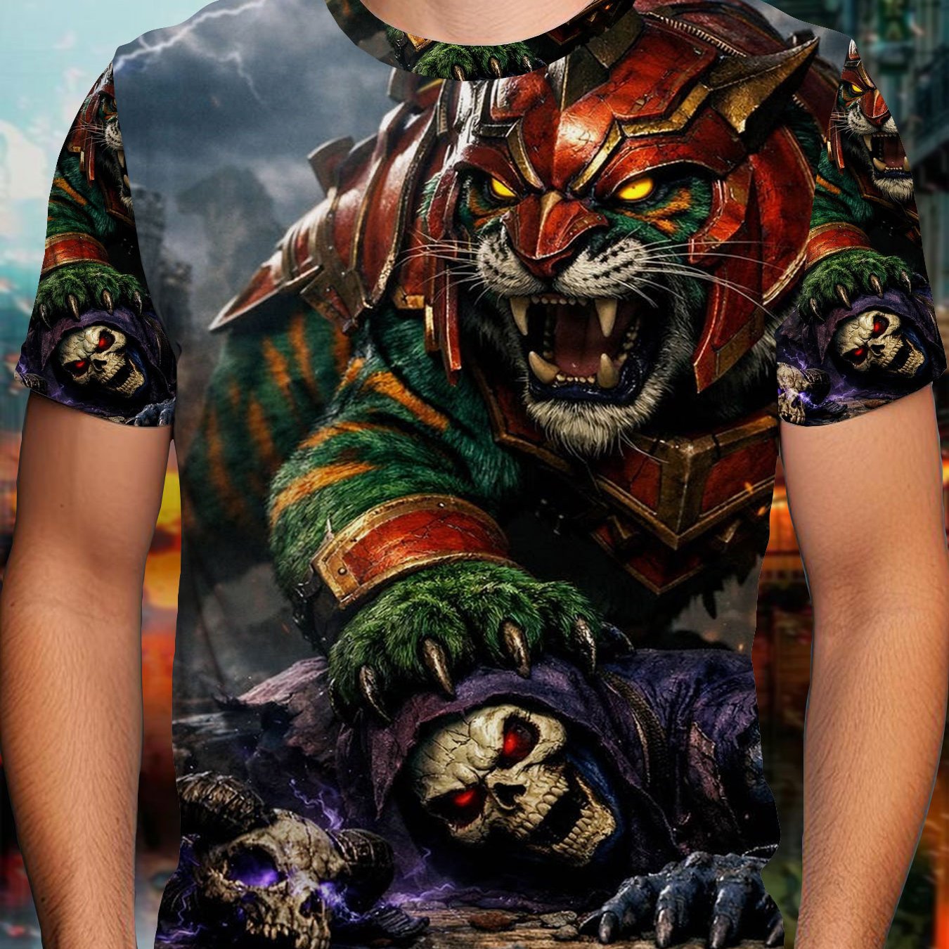TEMU Men's Short Sleeve T-shirt With Armored Tiger Vs. Skull Graphic, Cool Print, Breathable Casual Tee For Gaming Fans, Streetwear Enthusiasts,