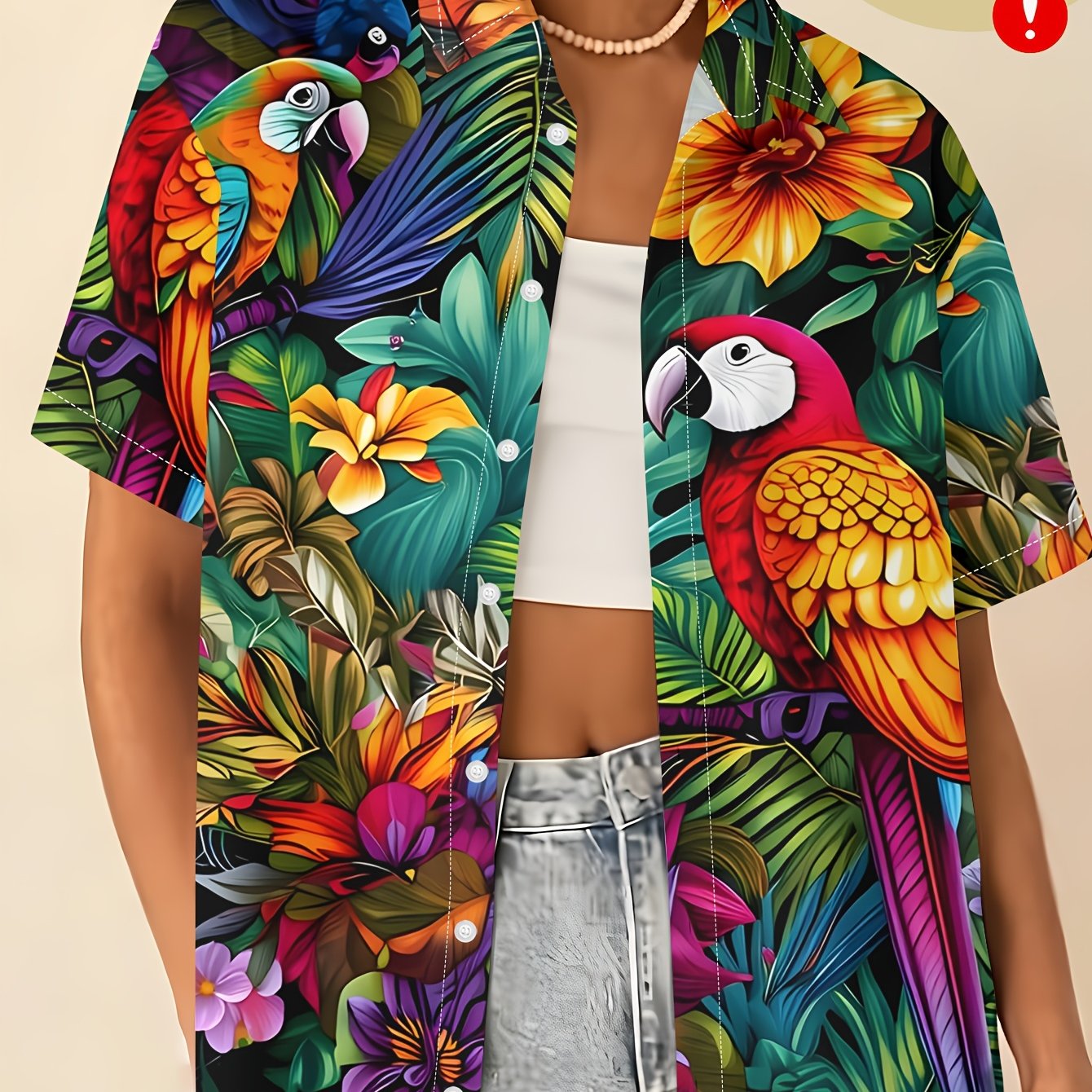 TEMU Women's Summer Short Sleeve Printed Shirt, Women's Summer Regular Fit Casual Shirt, Tropical Parrot Floral Print Loose Top, Commute Casual
