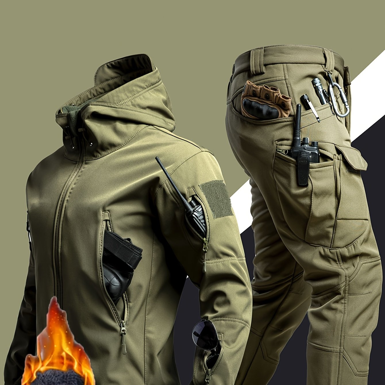 Autumn Winter Men's Fleece Warm Suit Soft Shell Windproof Hooded Jacket Outdoor Sports Hiking Hunting Long Trousers