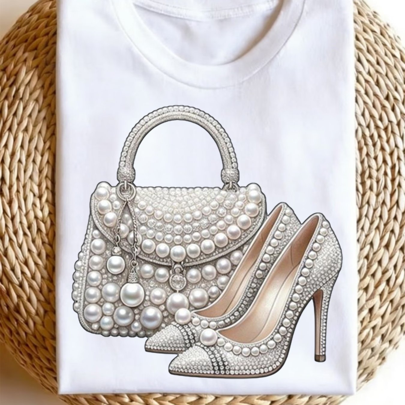 TEMU Pc Women's Summer Clothes Pearl-embellished Handbag Heels Graphic T-shirt For Fashion Events Elegant Women's Clothing Round Neck Short Sleeves