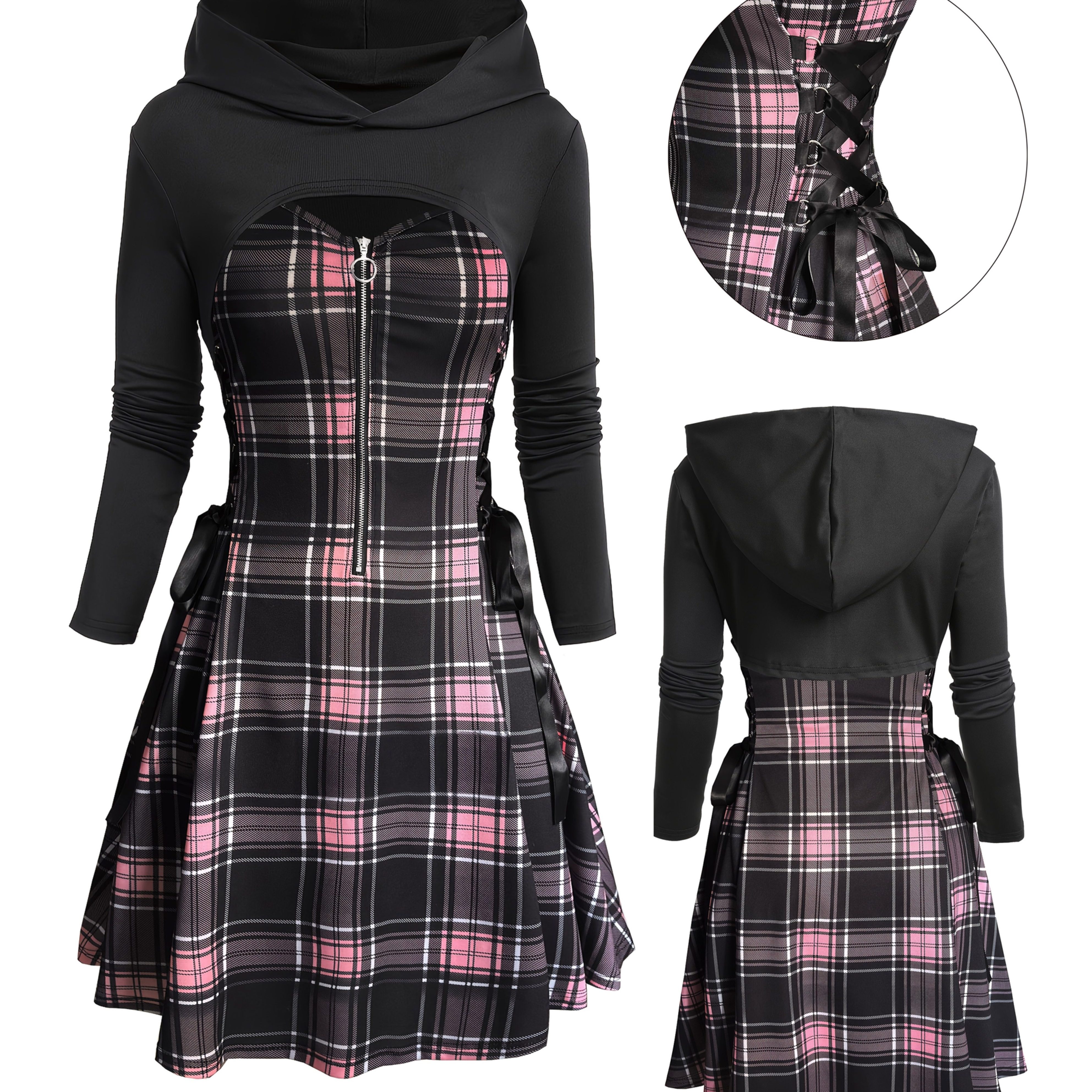 Image of Cosyzsveth Women's 2pcs Gothic Plaid Dress & Top Set - Slim-fit Bodice & Full, Low Neck Long Sleeve Winter Dress Suit, Machine Washable Fall/winter Wedding Guest Attire Or Professional Outfits