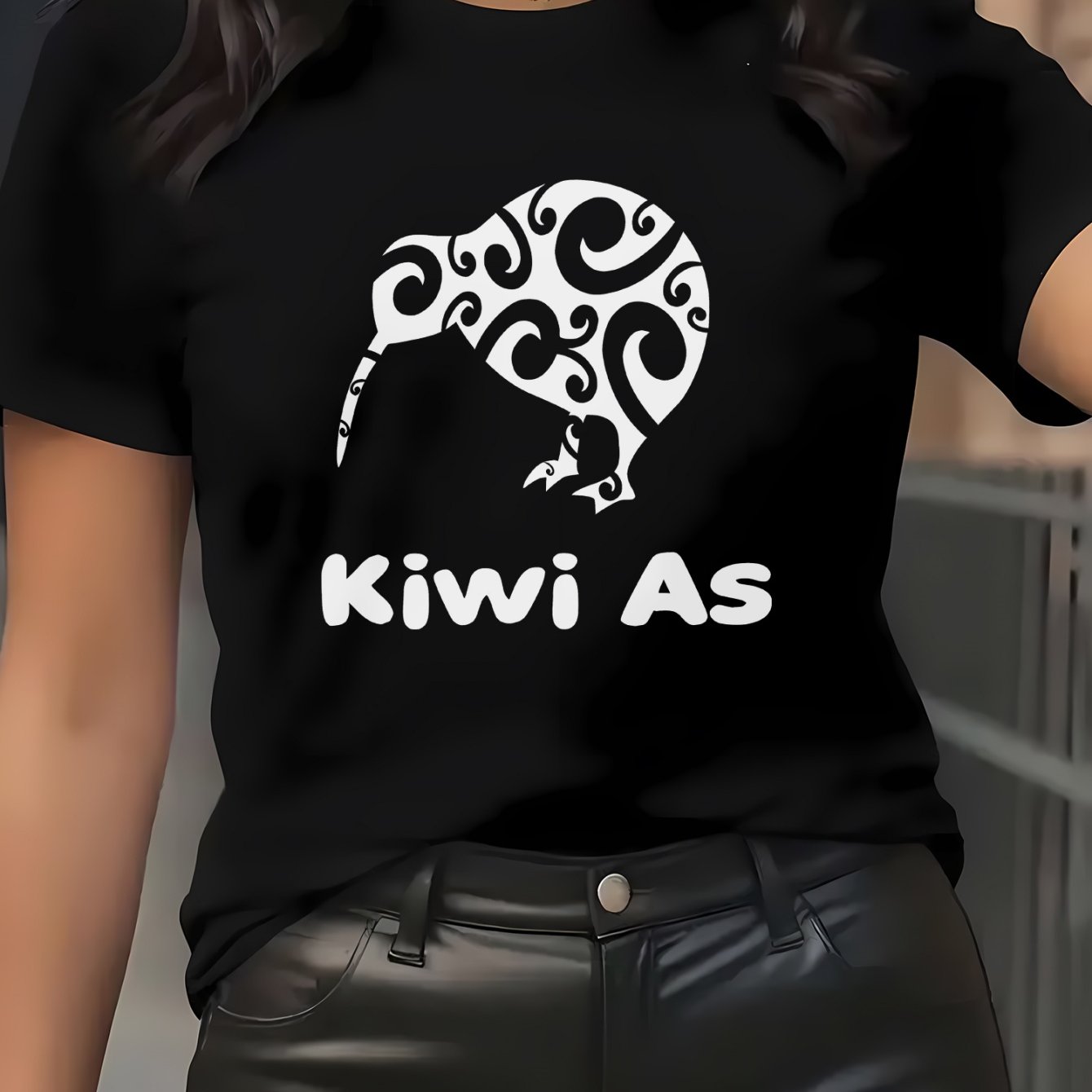 TEMU Women's Casual Short Sleeve T-shirt With Kiwi Bird & "kiwi As" Graphic Print - White Round Neck Tee, Medium Stretch Fabric, Machine Washable For