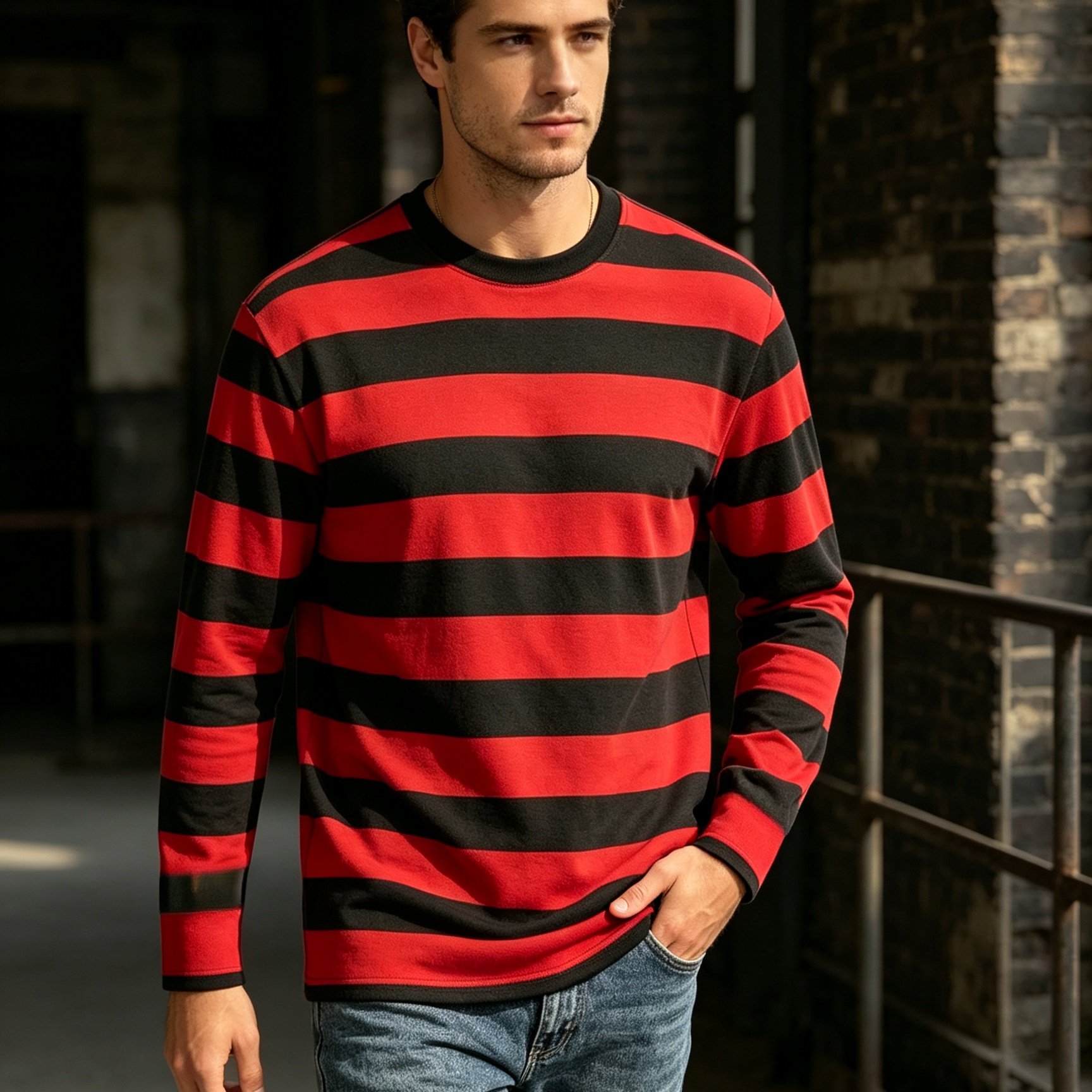 TEMU Ro Street Style Neat Thick Stripes Crewneck Long-sleeve T-shirt For Campus, Outdoor Short Trips And Multi-scene Outfit Needs(printed Design- Not