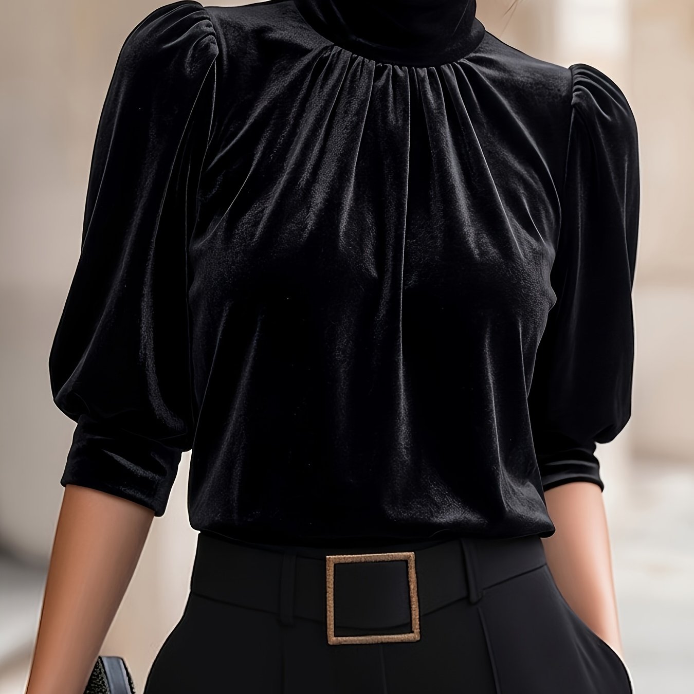 TEMU Women's Autumn/winter New Arrival Fashionable Elegant High-end Vintage Velvet Lantern Sleeve Top