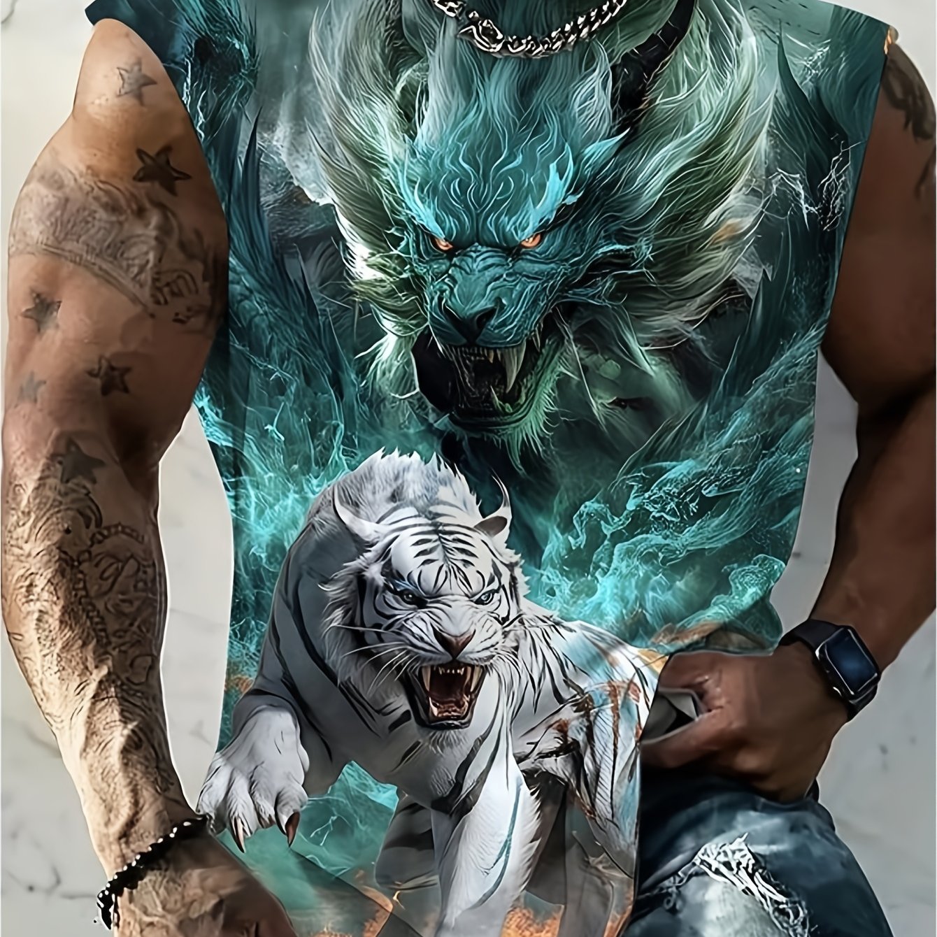 TEMU Men's Tank Top, 3d Printed Dragon And Tiger Pattern, , Ideal For Summer Outdoor Activities, Sports And Beach Vacations