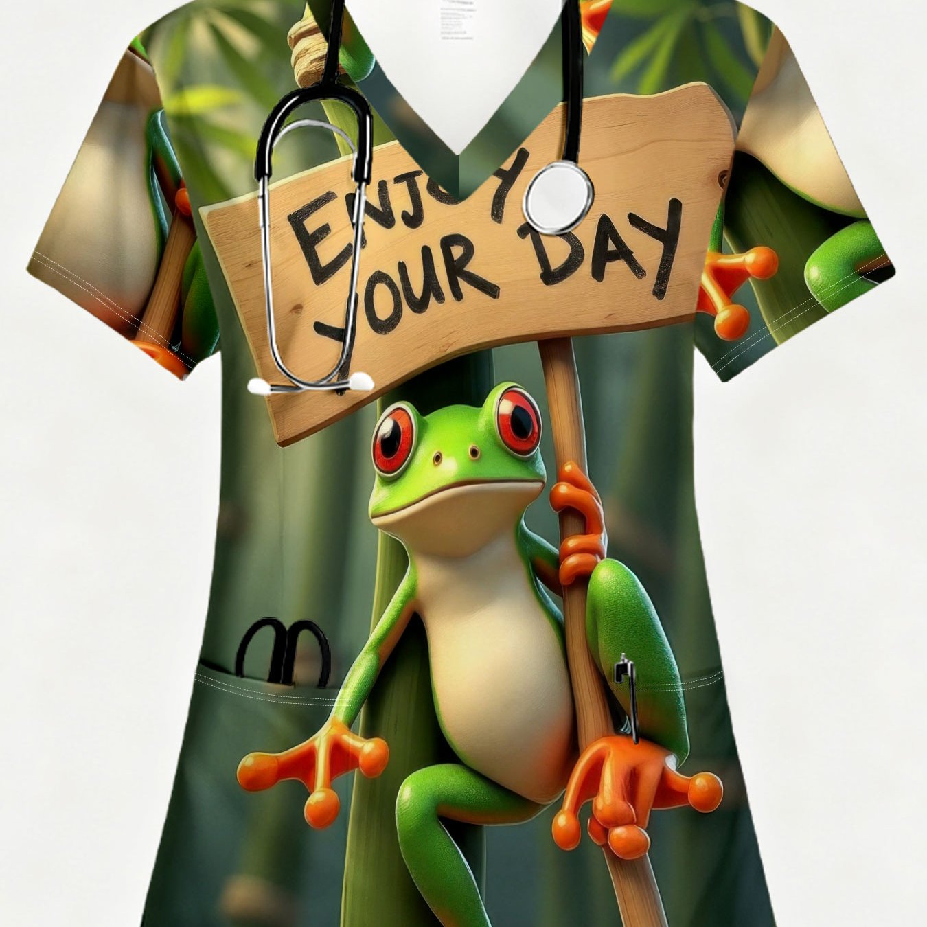 TEMU Women's Short-sleeve V-neck Nurse Scrubs With Pockets, Featuring A Modern . Printed With A High-definition Image Of A Frog Holding A "" Wooden