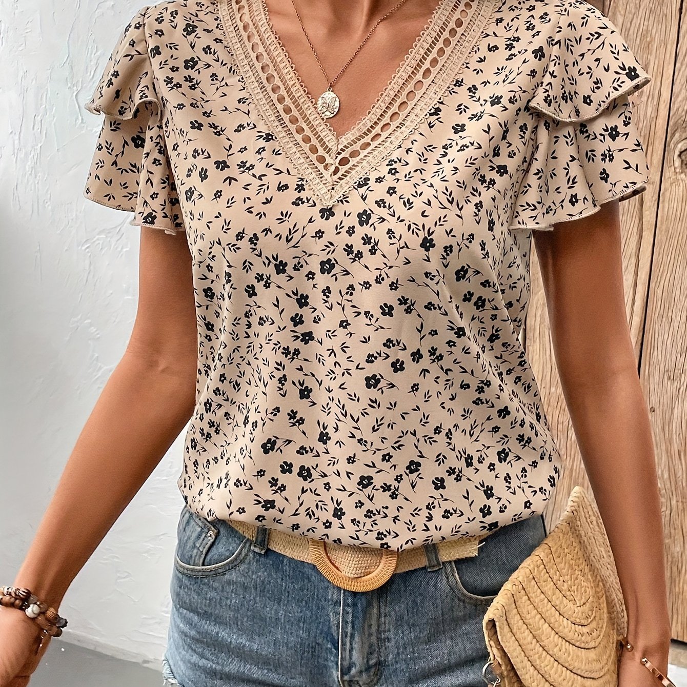 TEMU Lace Trim Double Layer Shawl Sleeve Floral Casual Vacation Shirt