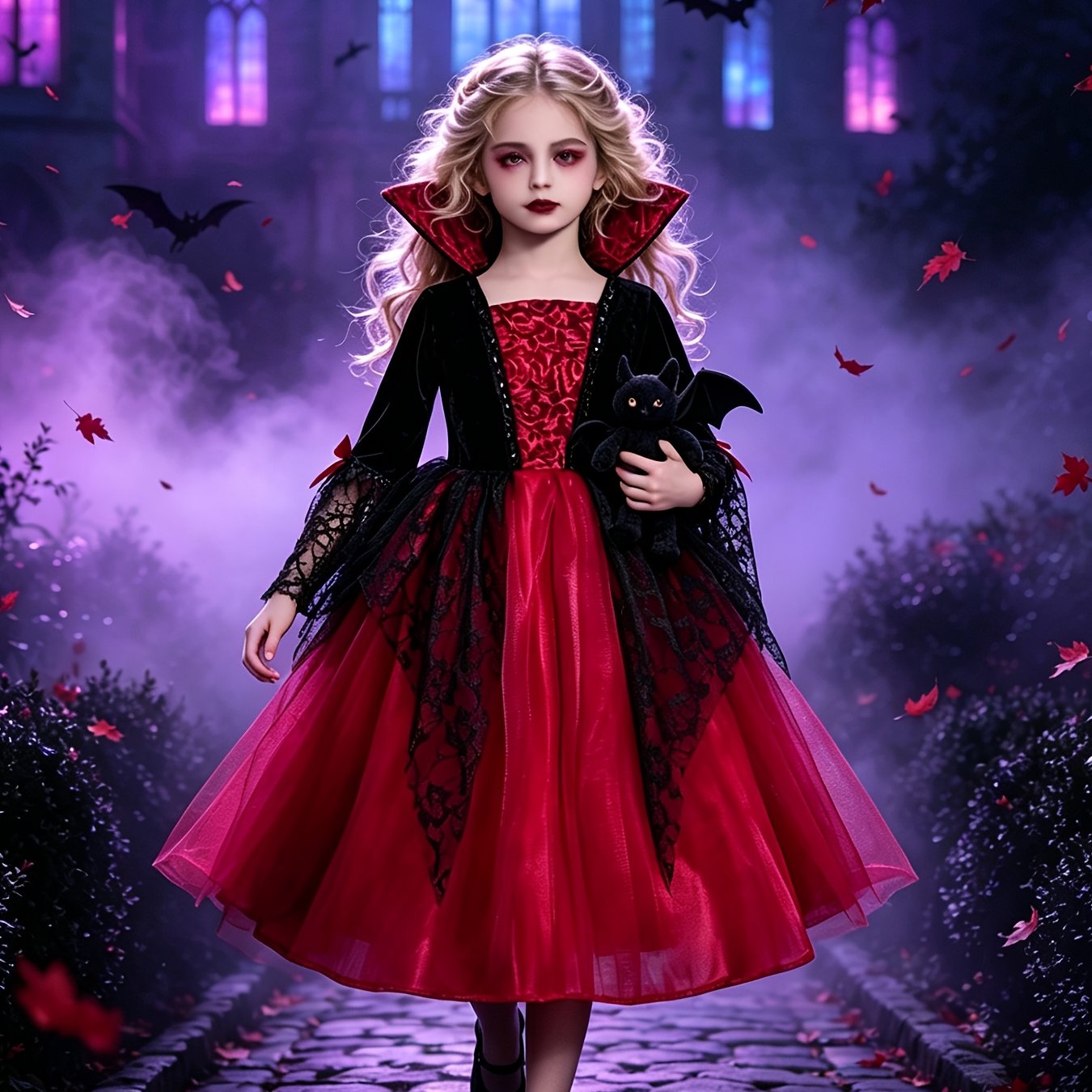 TEMU Halloween Costume Halloween Costume, Girls' Vampire Princess Dress, Gothic Black Red Lace Ballet Tutu, Halloween Role-play Outfit, Vampire Party