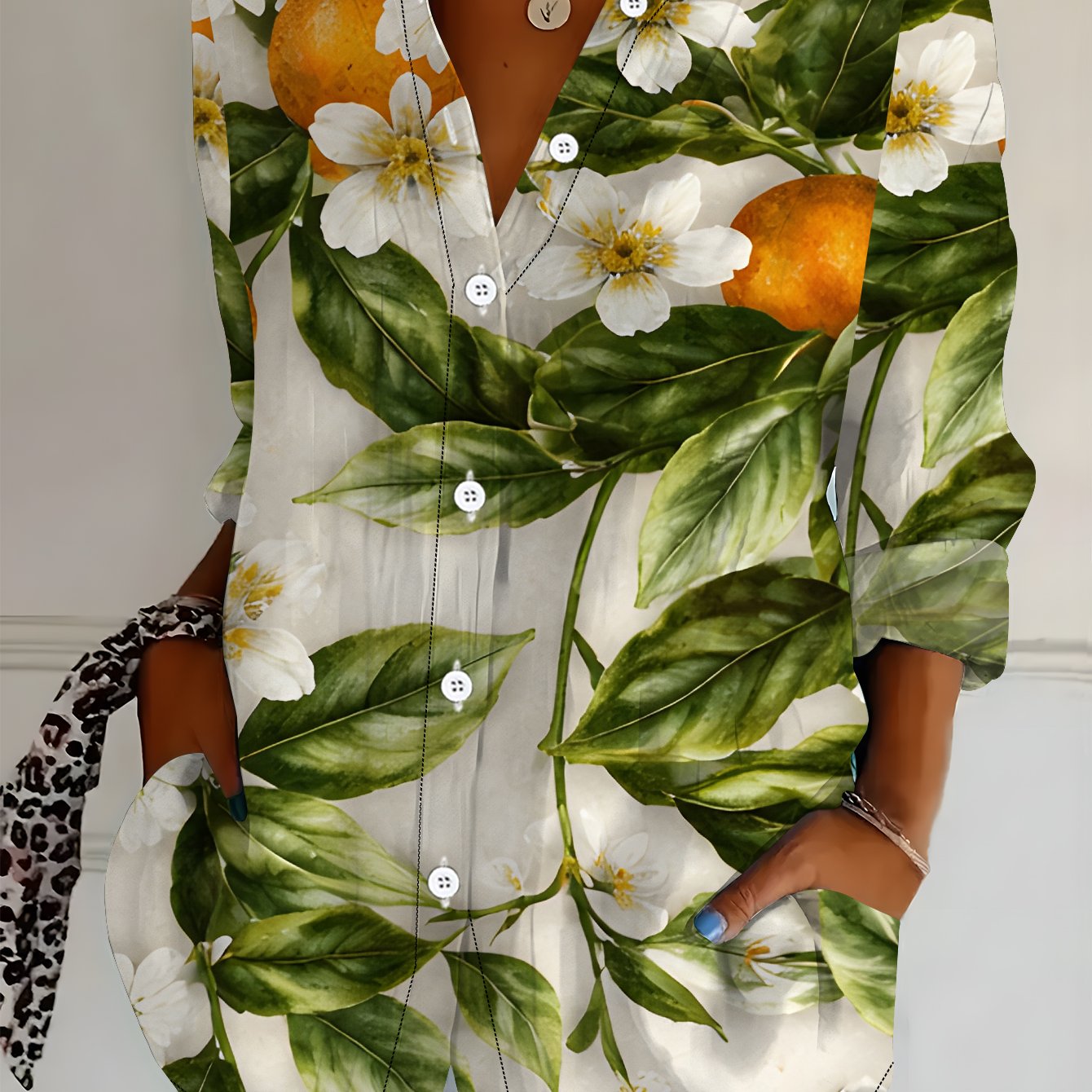 TEMU Plus Size, Plus Size Women's Long Sleeve Shirt, Style Loose Fit Printed Shirt, Leaves Mid-length Long Sleeve Lapel Shirt For Women, Main Color