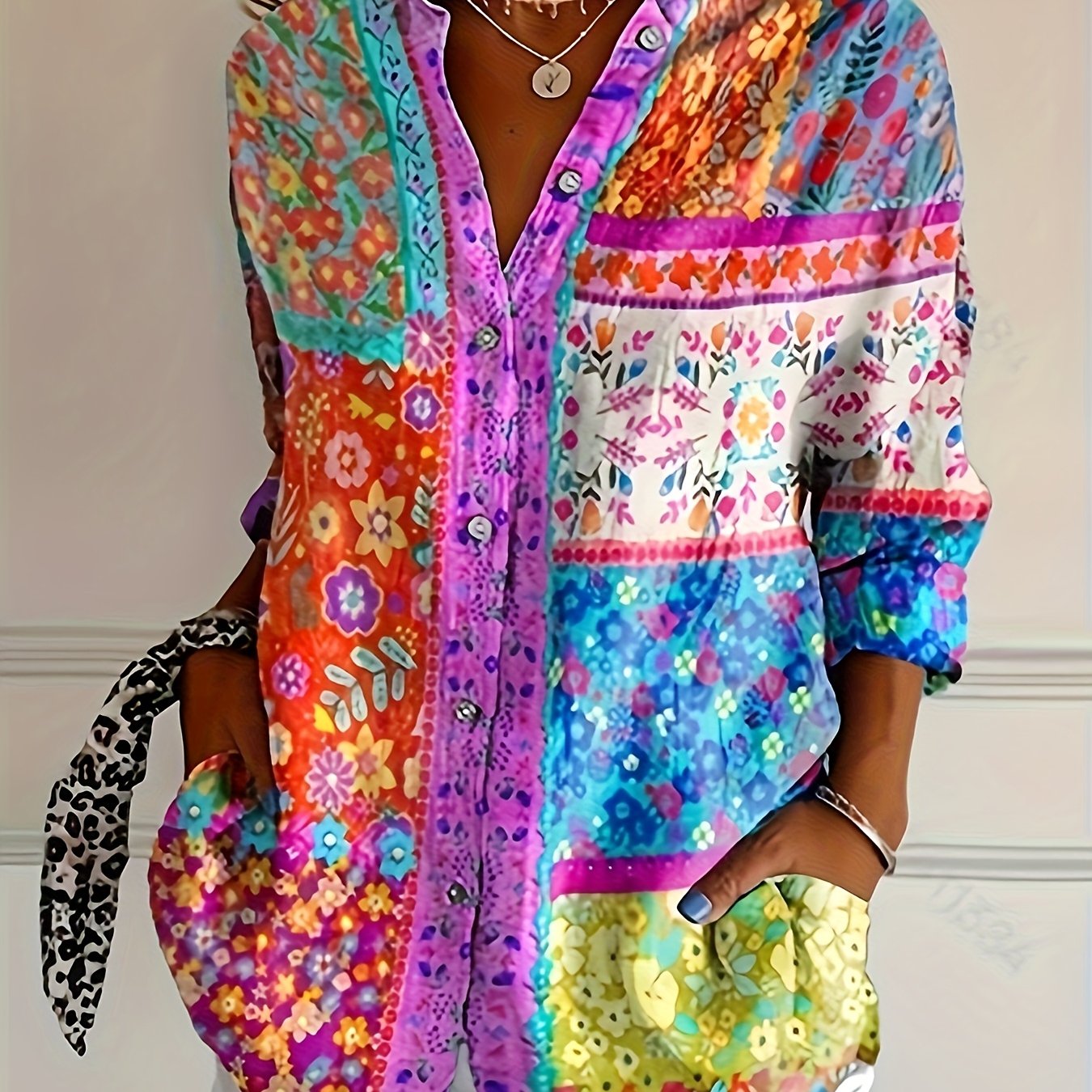 Plus Size - Plus Size - Size Printed Long Sleeve Casual Shirt