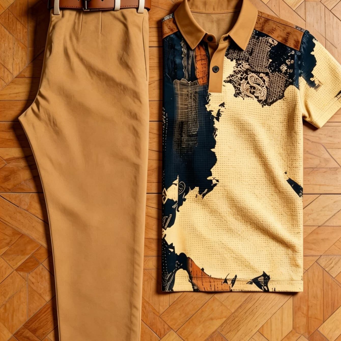 Men's 2pcs Outfit Set, Vintage Abstract Texture Print Shirt + Solid Khaki Straight Dress Pants, Business Gentleman Breathable Two-piece Set