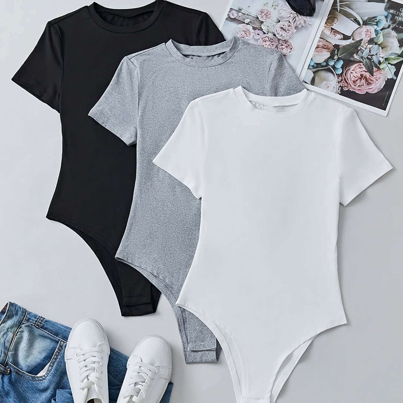 TEMU 3pcs Round Neck Short Sleeve Slim Fit Bodysuit