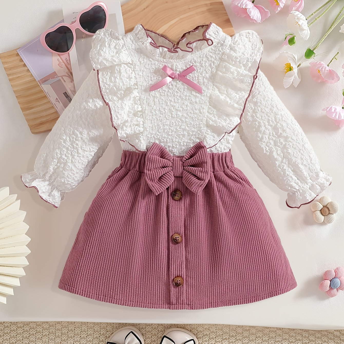 TEMU Baby Clothing, Girls' Clothes, Baby Clothes, Back-to- Gifts, Cute Baby Girls, Spring And Autumn, Bow Tie, Long-sleeved Top And Skirt, Two-piece