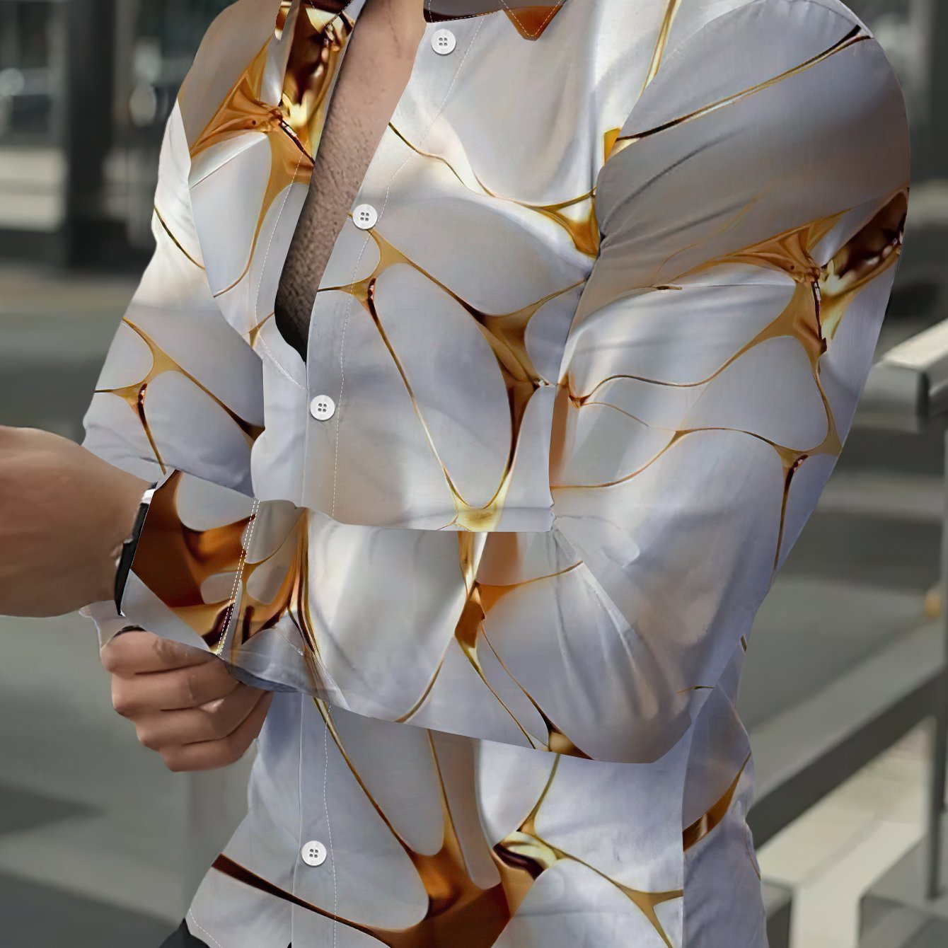 TEMU Men's Fashion Trend Long-sleeve Shirt With Artistic Print, Casual, Versatile, Slim Fit, Lapel Collar