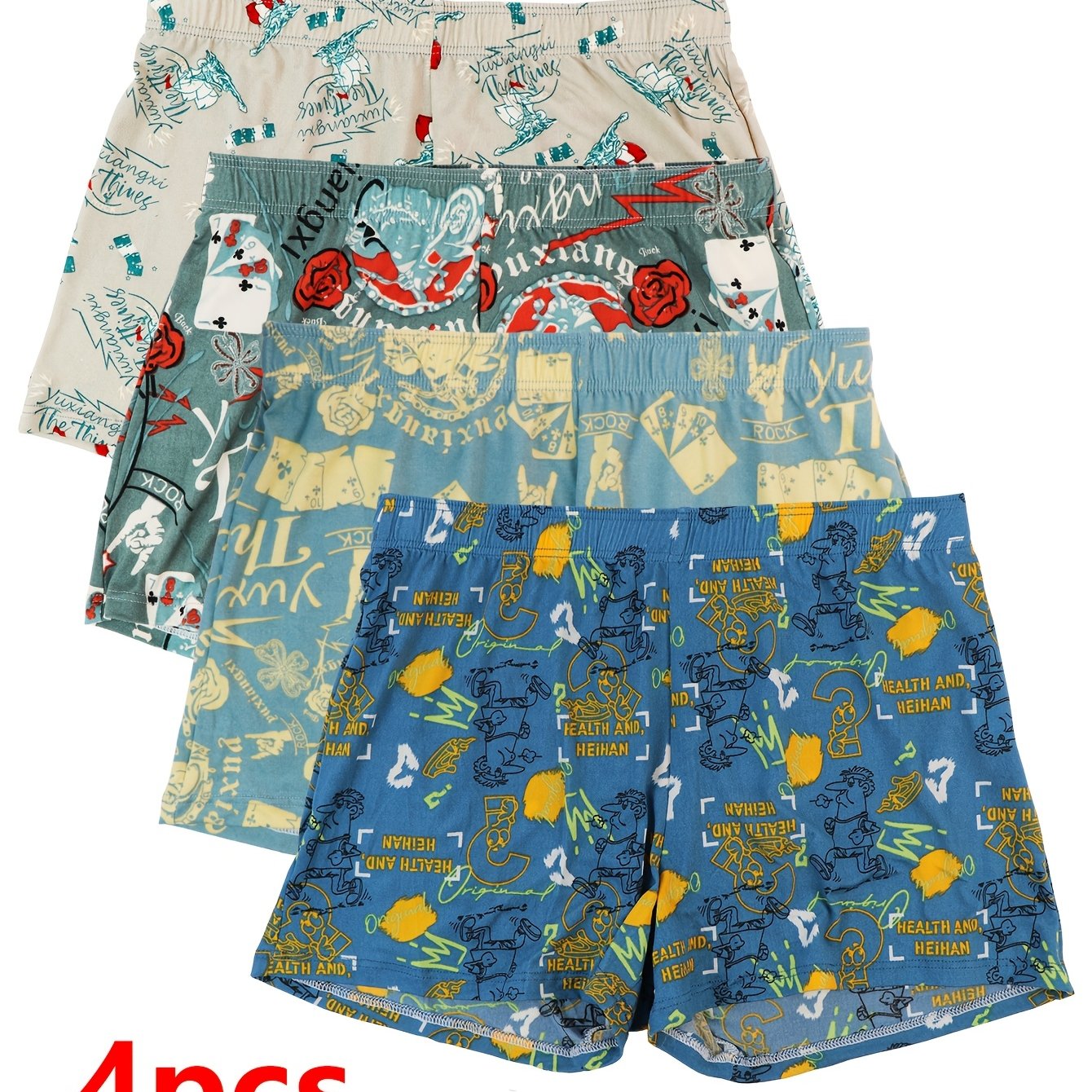 TEMU 4pcs Men's Printed A-line Boxer Briefs, Fashionable And Trendy Men' Loose-fit Loungewear Underwear, Soft, Comfortable, And Stretchy Boxer Shorts