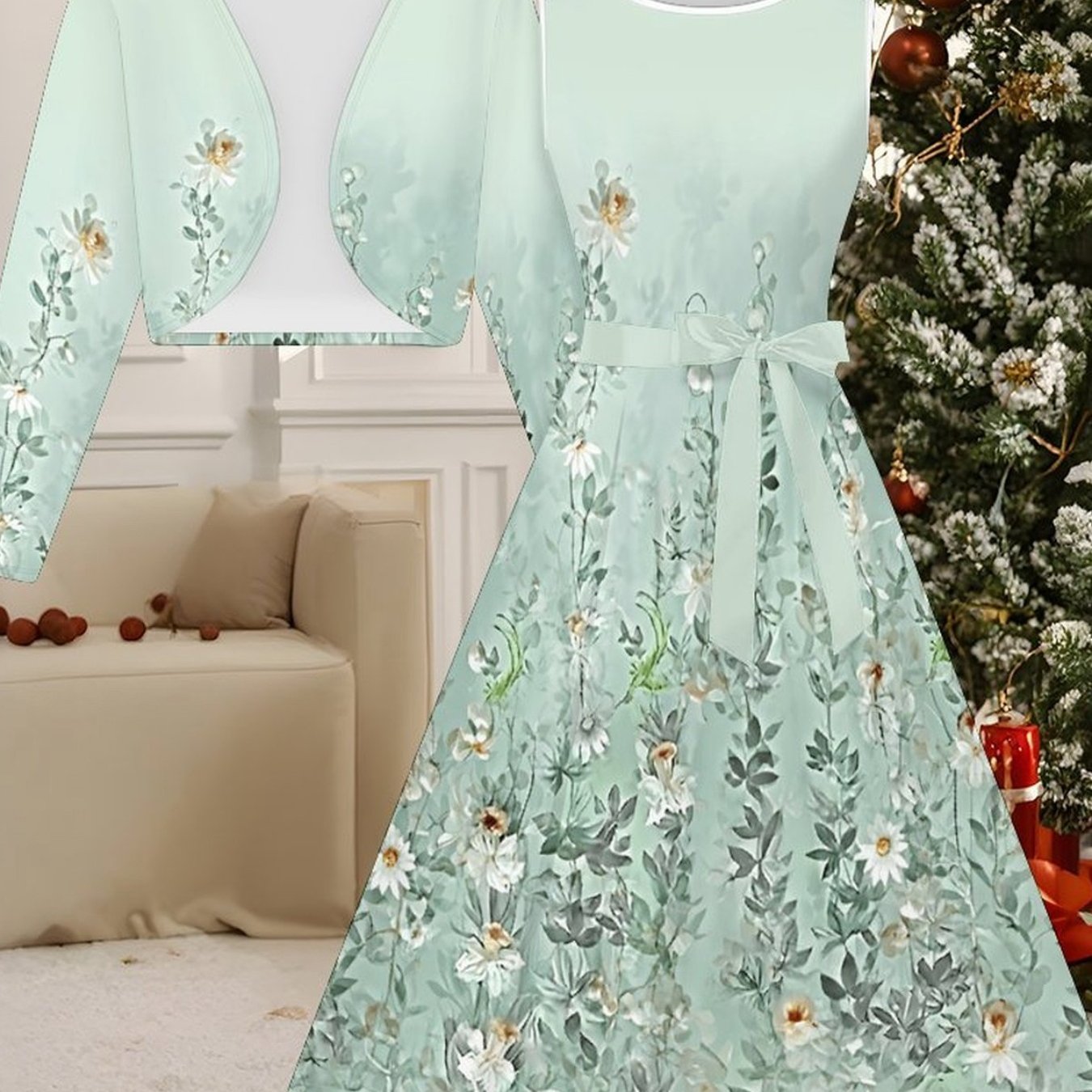 Women's Fashion Premium Dress Set - Versatile For Spring, Summer, And Fall, Classic Botanical Print, Round Neck Dress Set, Figure-flattering Design, Trendy High-waistline