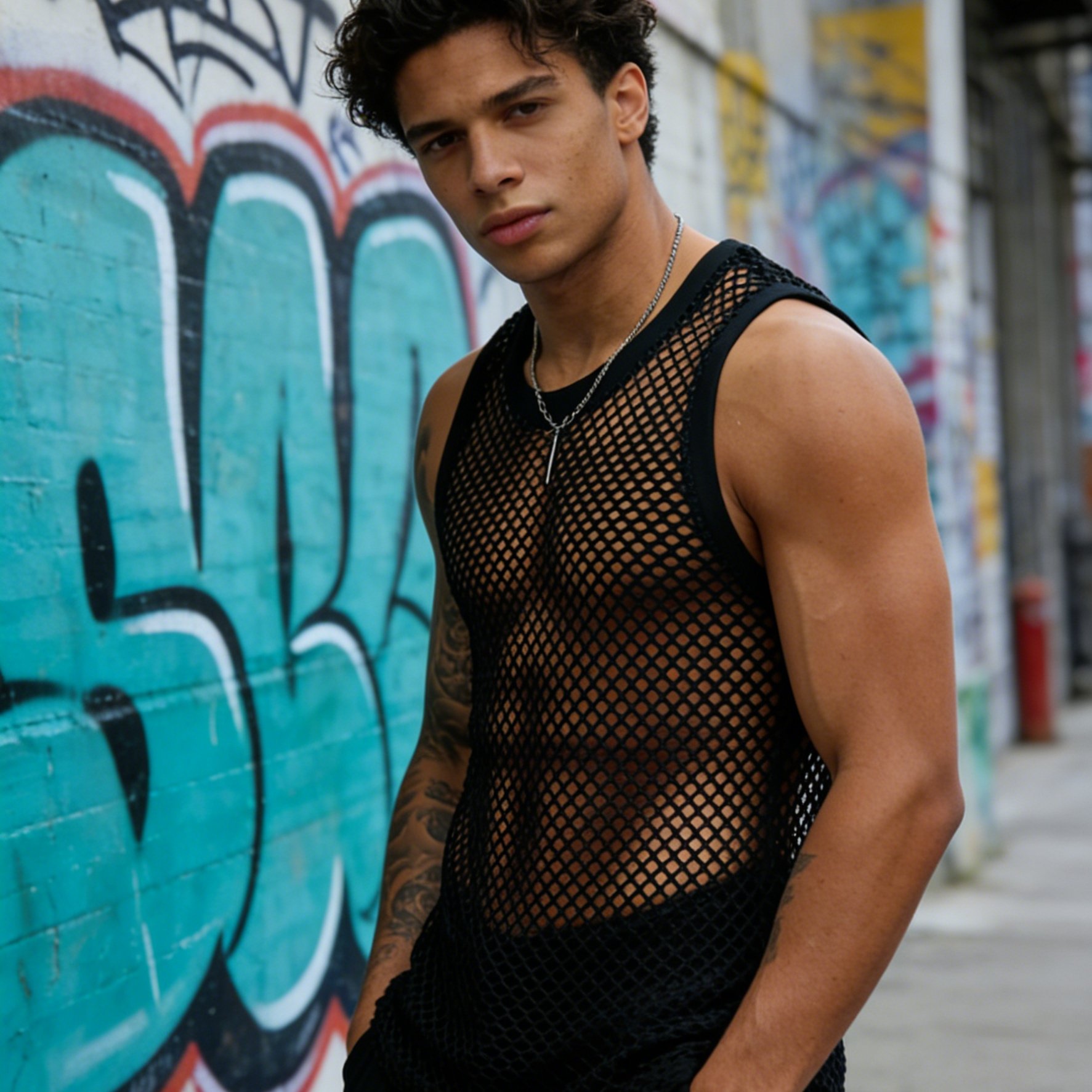 Image of Men's Diamond Mesh Sleeveless Shirt - Semi-sheer Round Neck Sporty Clubwear Top With Solid Color, Breathable For Nightclubs, Parties, Spring/autumn Vacation Wear - Suitable For Men