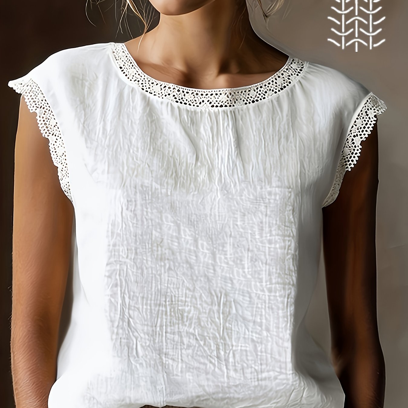 E-shop Damen-Leinen-Top im Vintage-Stil mit Spitzen-Patchwork, Kurzarm, Rundhals, lockere Passform, atmungsaktives Sommer-Leinen-T-Shirt, YTD