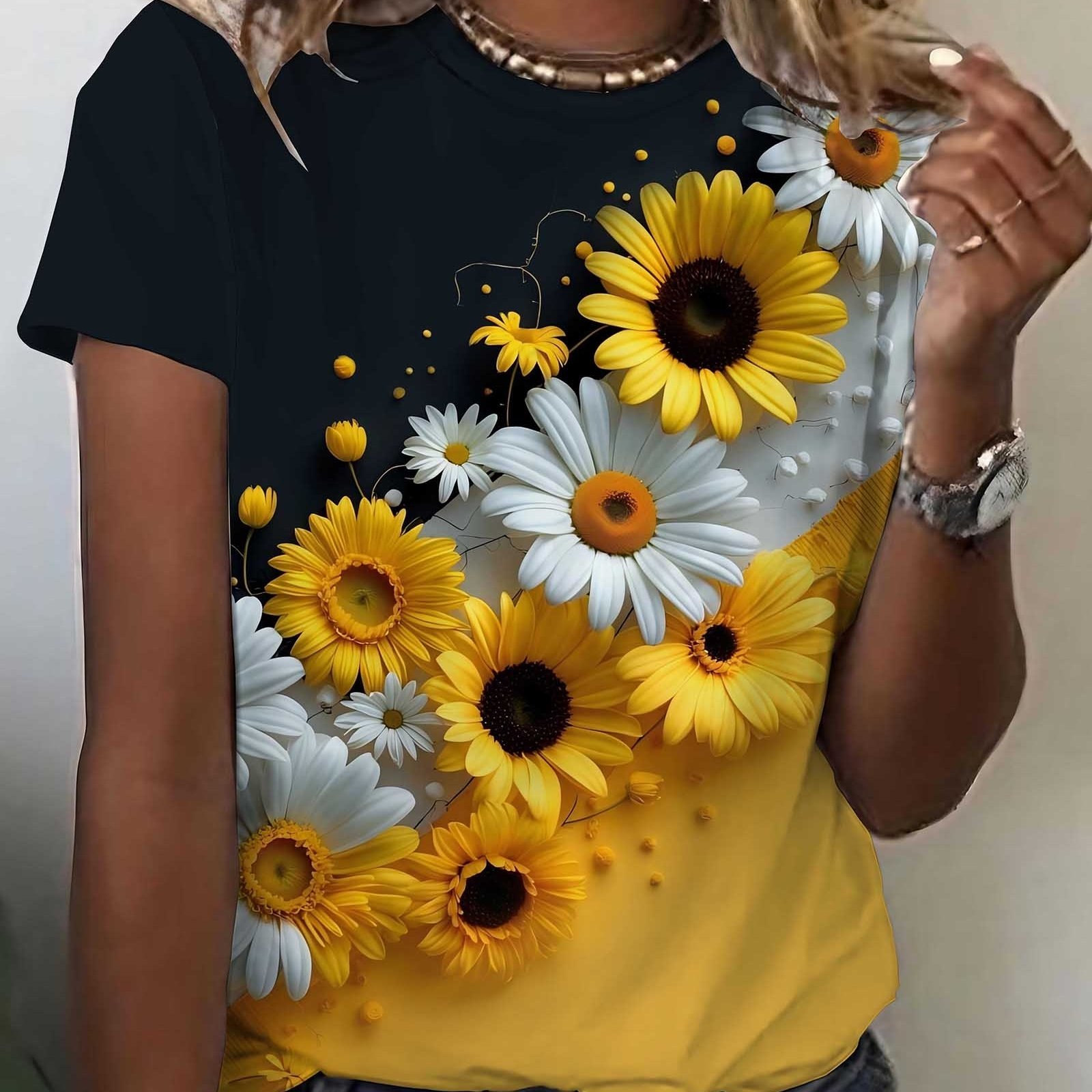 Image of Sunflower Print Design, Women's Fashion, Women's Color-block T-shirt, Spring/summer Crewneck Top, Women's Casual And Comfortable Top, As A Gift
