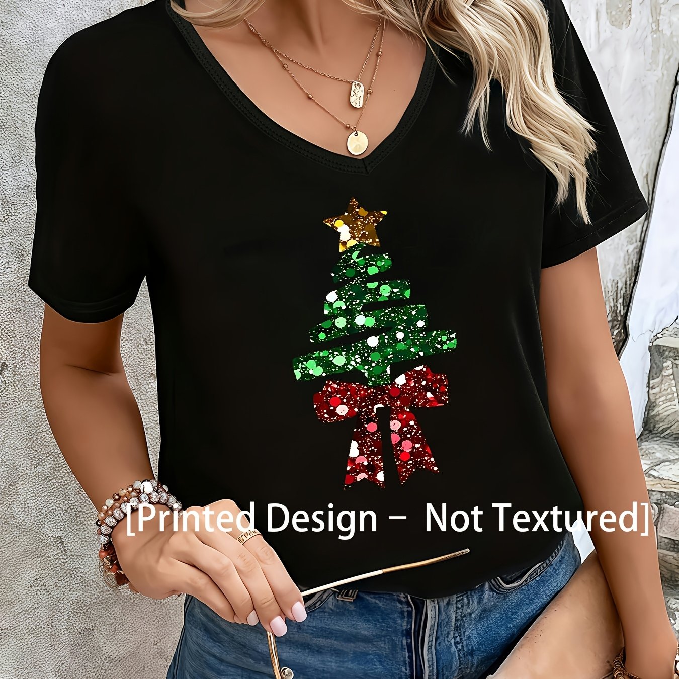 TEMU Printed Design - Not Textured Short Sleeve Casual Tops With Lz250820x25 Print - V-neck For Spring Summer & Autumn - Women's Fashion Clothing For