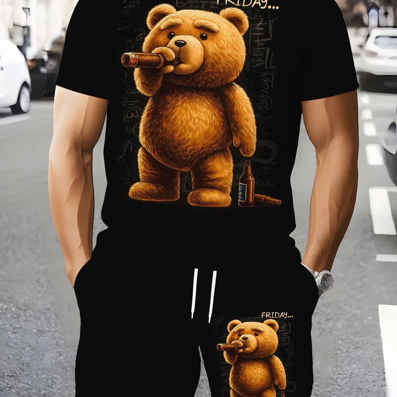 TEMU Men's 3d Stylish Two-piece Short-sleeve Set, Perfect For Streetwear Enthusiasts, Urban Style