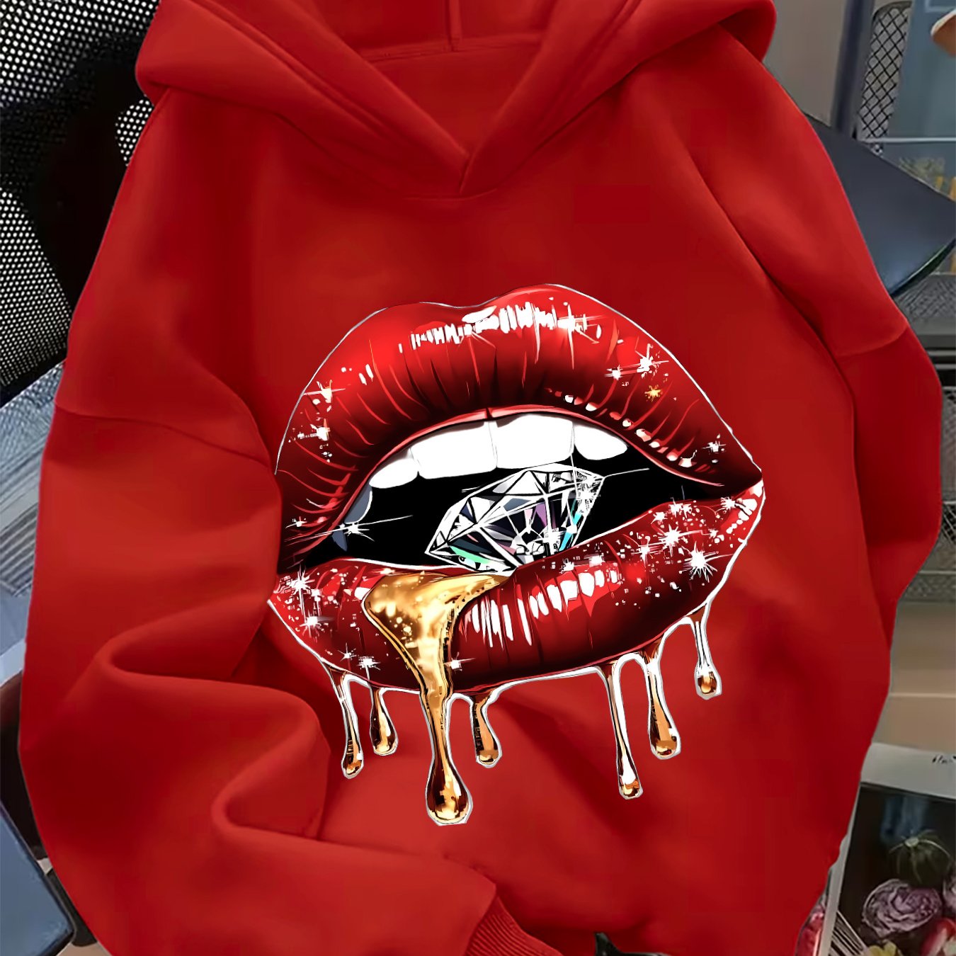 TEMU Hooded Red Lips With Diamond Print Sweatshirt, Autumn/winter Commuter Polyester Machine Washable, Exquisite , Red Lips   Diamond Combination