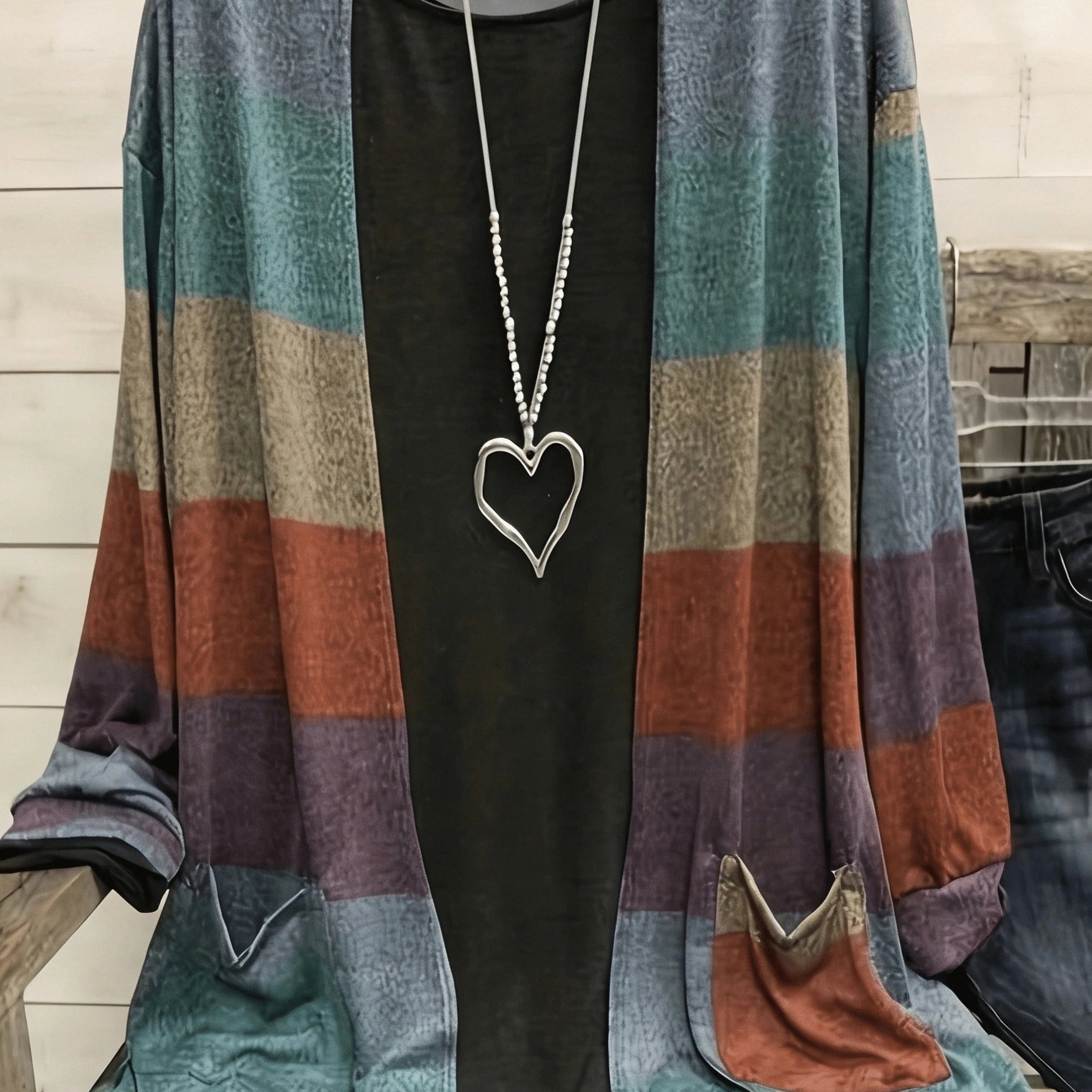 TEMU Plus Size Women's Casual Color Block Stripe Casual Long Sleeves Cardigan With Pockets
