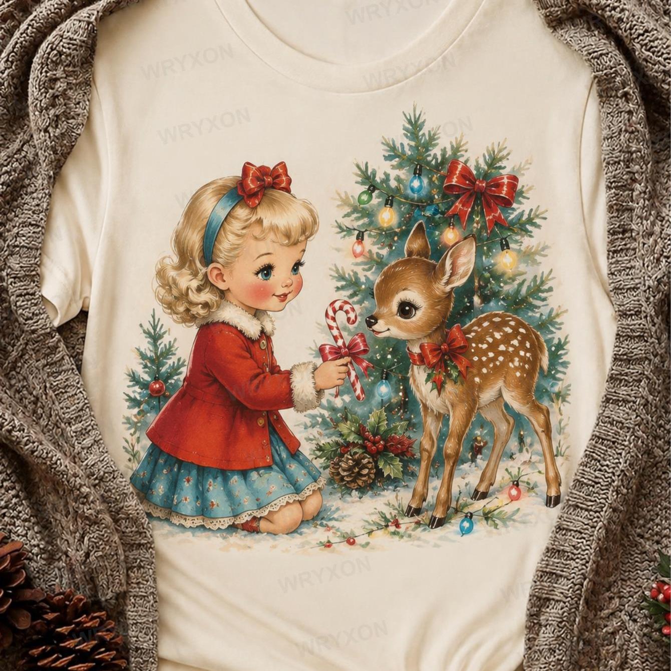 TEMU 1pc Men's & Women's Vintage Christmas Girl And Reindeer Graphic T Shirt Cane Pine Cone Winter Xmas Holiday Short Sleeve Top 180g 100% Cotton