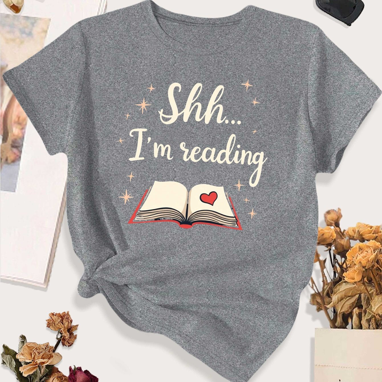 TEMU Women's Oversized "shhh I'm Reading" Book Quote T-shirt - Large Size Casual Round Neck Literary Tee With Book Lover Design, Fit For Book Clubs,