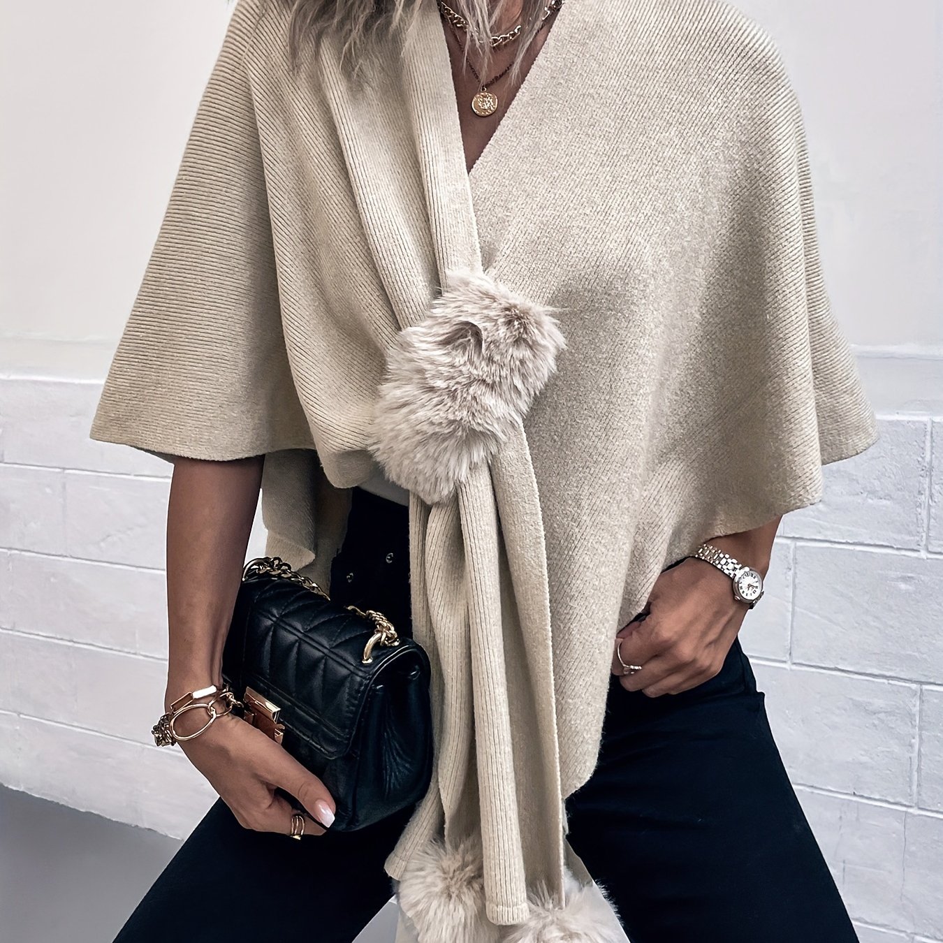 TEMU Irregular Solid Color Round Ball Cape Sweater For Women, New Ladies' Shawl Knitted Cardigan Top For Autumn And Winter 2024.