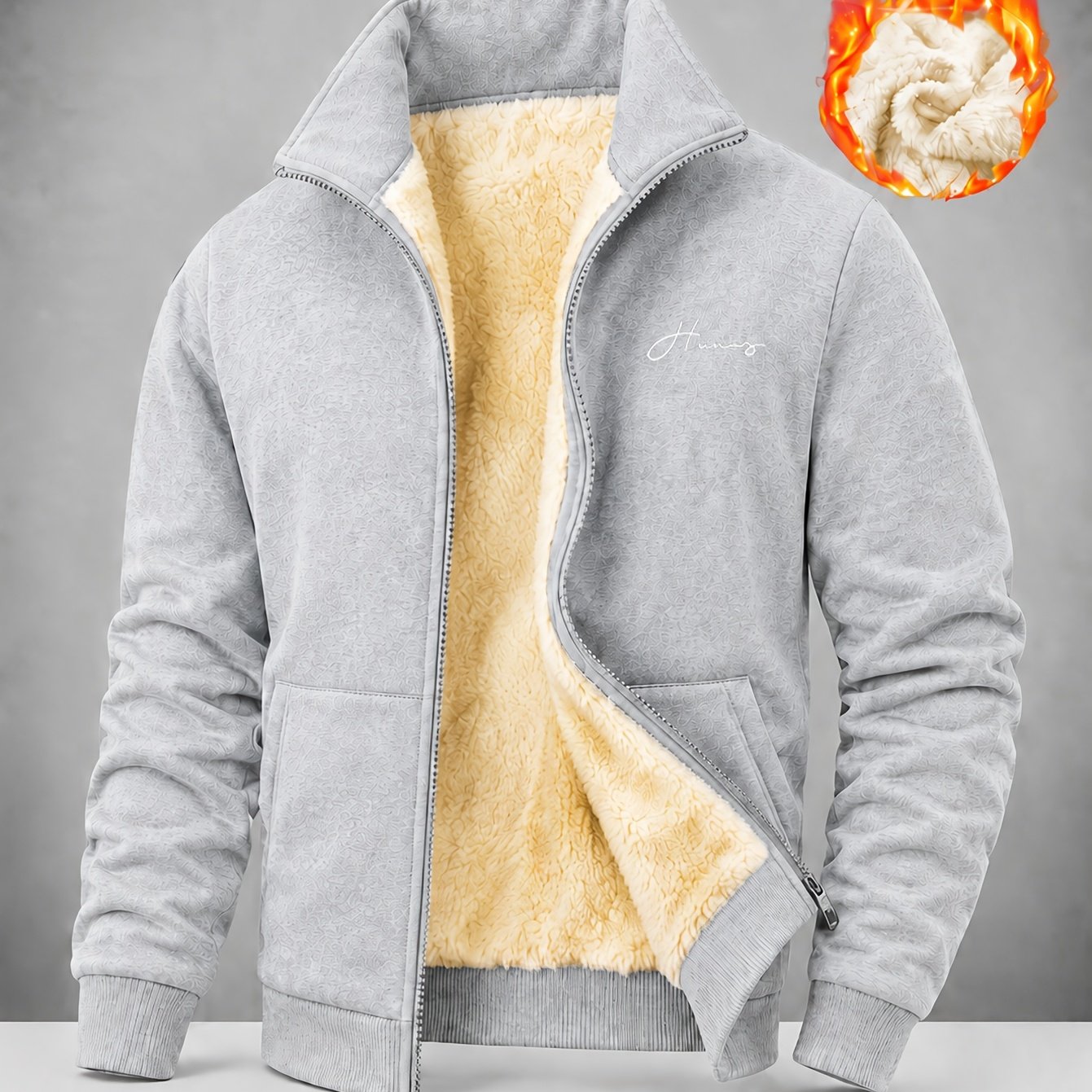 TEMU Men's Fleece-lined Jacket, Minimal Script Graphic Full-zip Stand Collar Coat, Warm Thick Casual Outerwear For Fall Winter