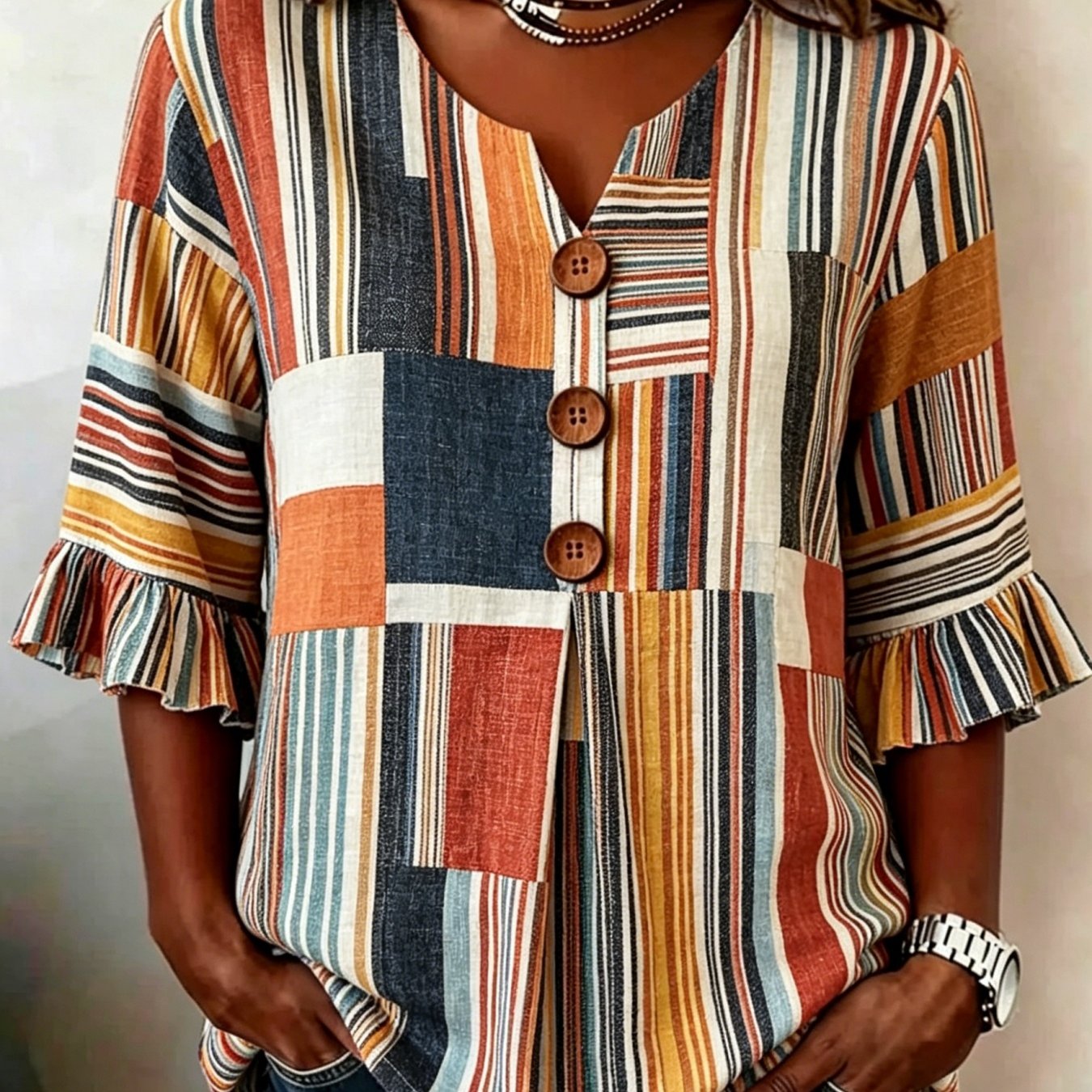 Women'-button V-neck Shirt Retro Striped Printed Women's Casual Shirt