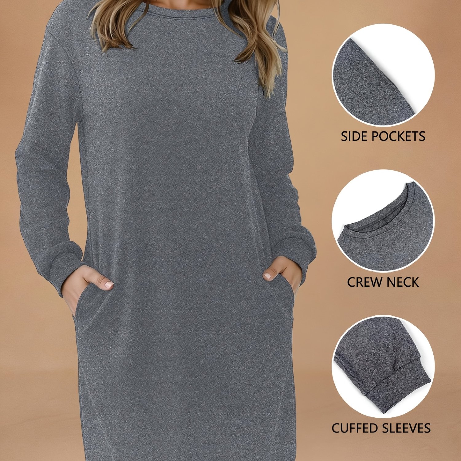 TEMU Women's Side Pocket Dress, Autumn And Winter Round Neck Loose Pullover, Long Business Casual Commuter Style