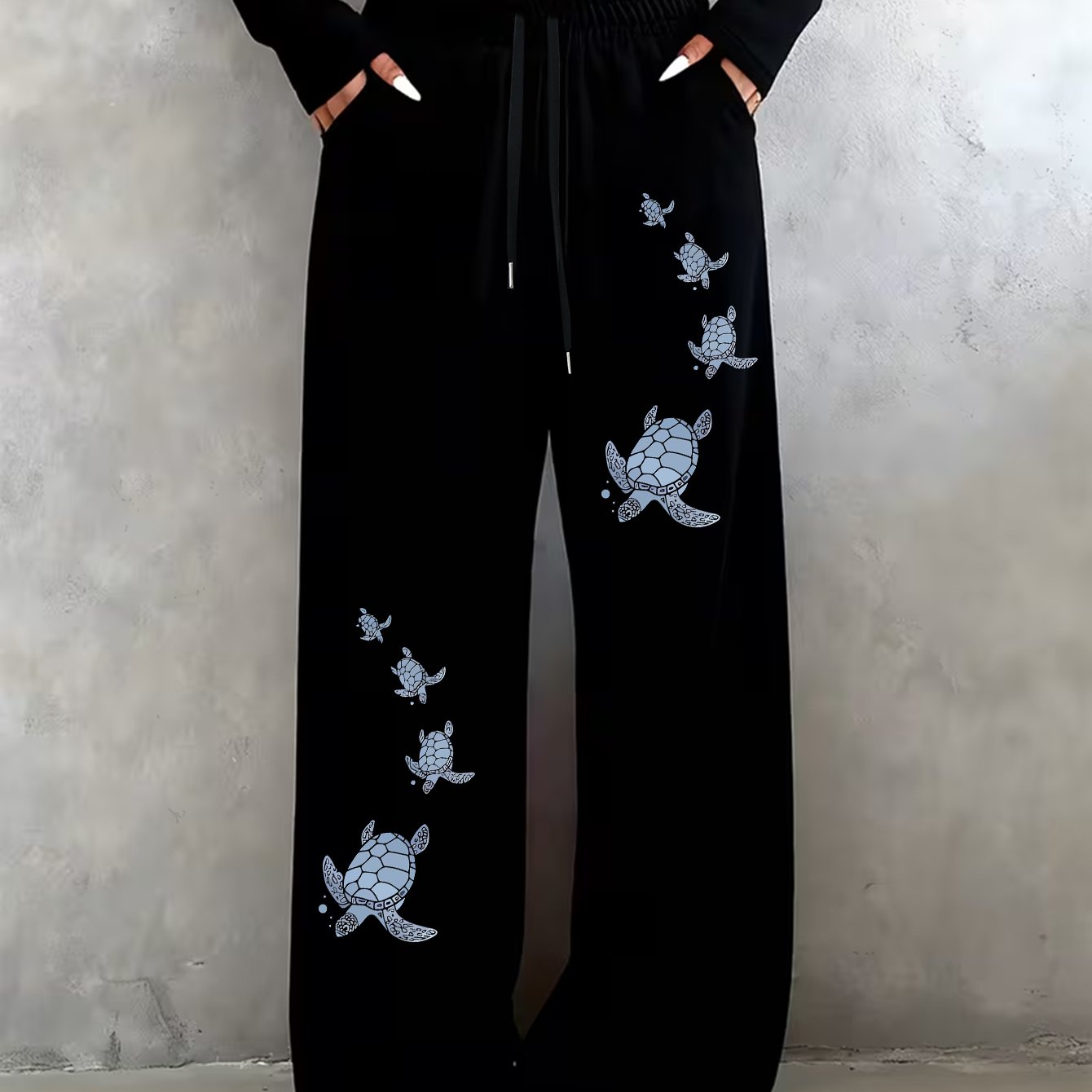 TEMU Pantalon Long à Jambes Larges Imprimé Motif Tortue, Confortable et Polyvalent, Taille Élastique à Cordon, Pantalon Sportif Énergique pour Femme