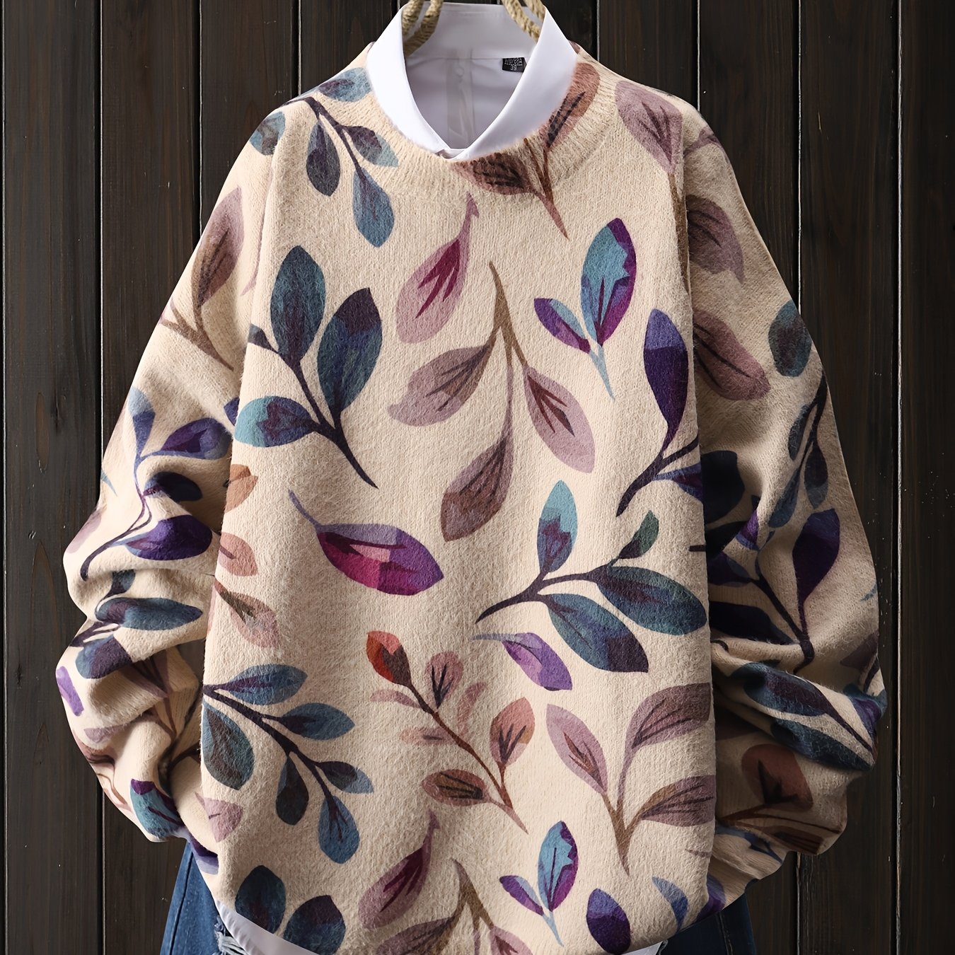 Image of Leaf Multicolor Gradient Leaf Pattern Leaf Print Pullover Sweater, Casual Round Neck Long Sleeve Top, Women's Clothing