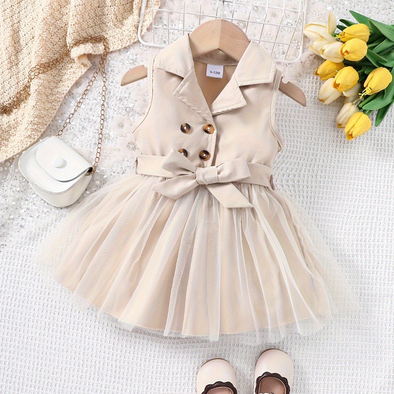 Girls' Fashionable Casual Mesh Blazer Collar Sleeveless Dress
