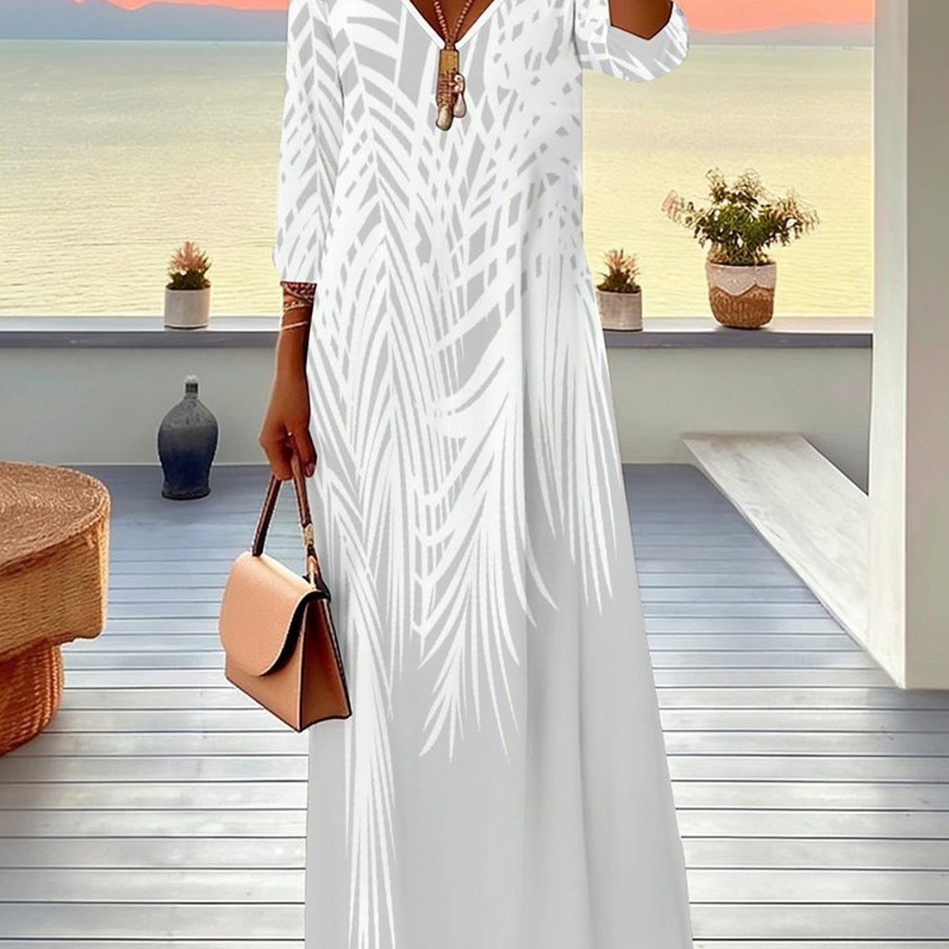 Plus Size, Women's Dress, Women's Plus Size Dress, Floral And , Full Body Print, Party Occasion, Casual Vacation, Elegant Women's Fashion, V-neck, Mid Sleeved Jumpsuit, Long Skirt