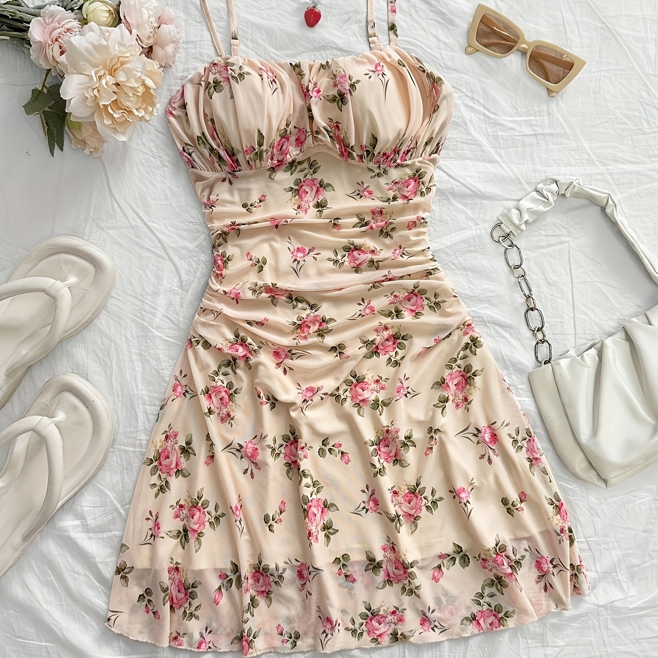 TEMU Women's Floral Print Spaghetti Strap A-line Mini Dress - Lightweight Machine-washable Summer Dress For Parties, Beach, Valentine's Day &