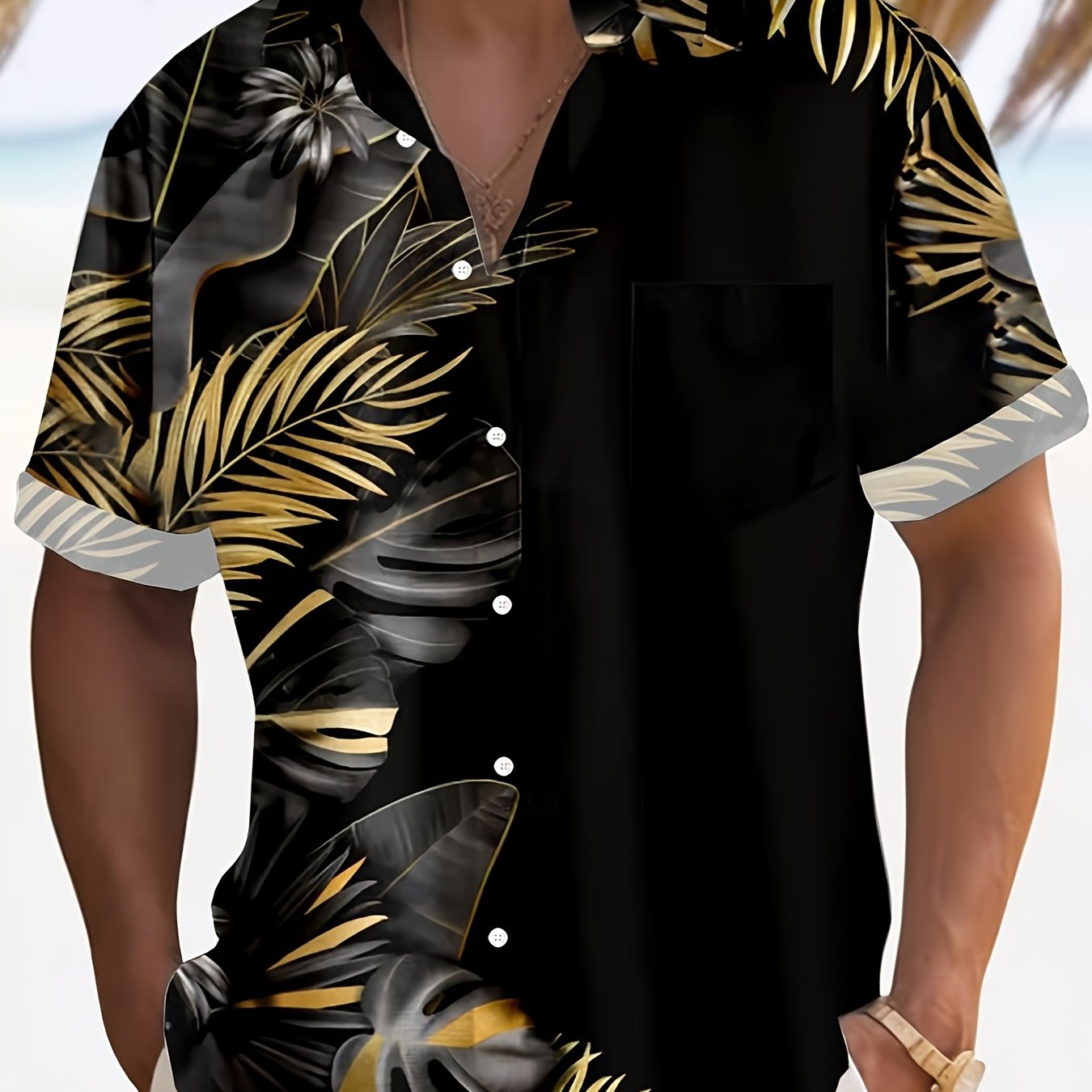 TEMU Hawaiian Golden Palm Leaf Print Men's Plus Size Button Pocket Short Sleeve Aloha Shirt | Geometric Pattern , With A Collar, Perfect For Summer