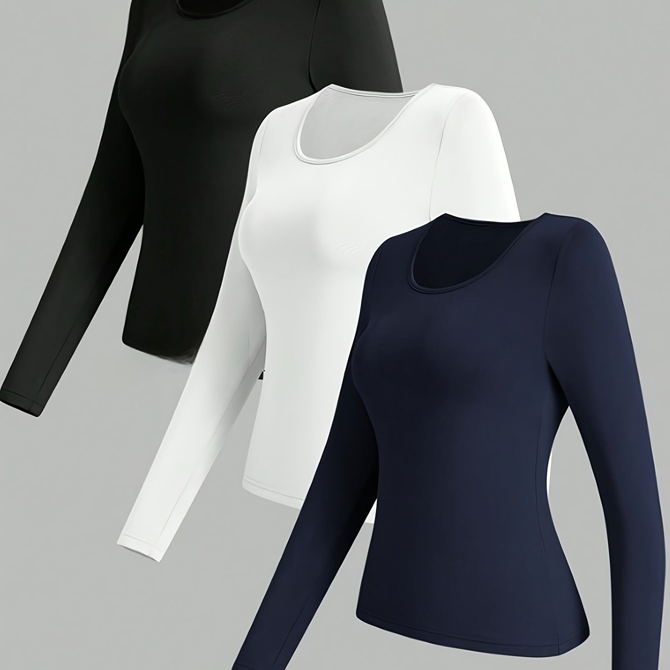 Image of (spot) New German Velvet Thermal Underwear Autumn And Winter 3pcs Set Round Neck Long-sleeved Women's T-shirt Slim Shirt Top